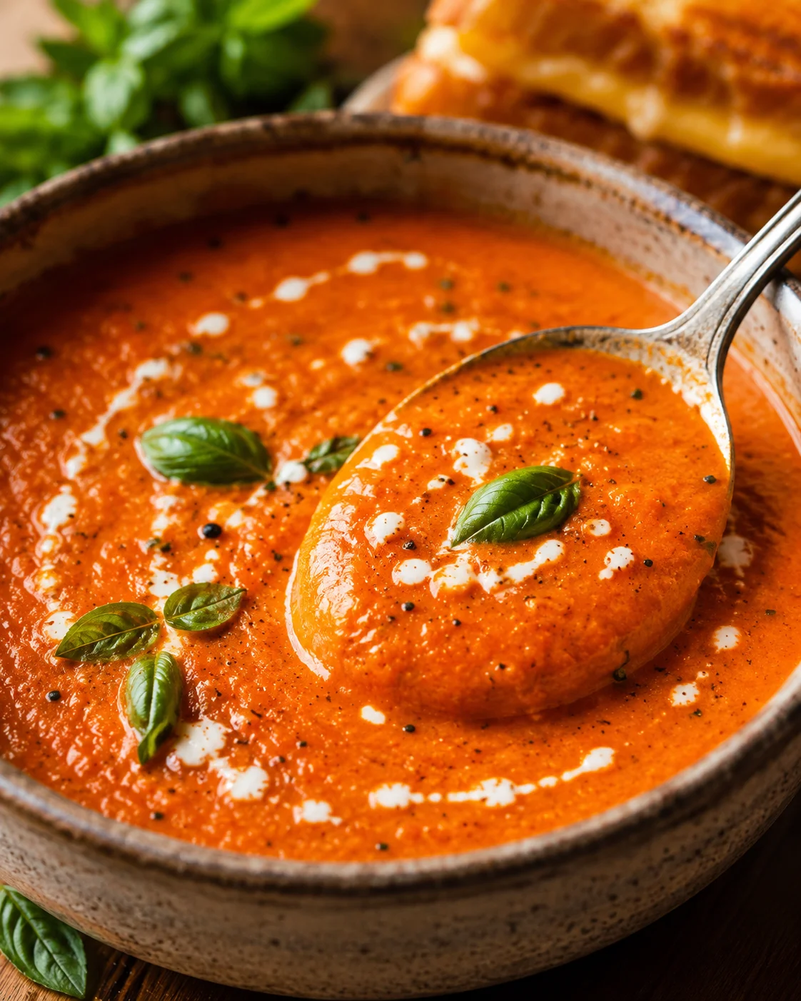 A bowl of creamy tomato bisque garnished with basil and cream drizzle, served with bread