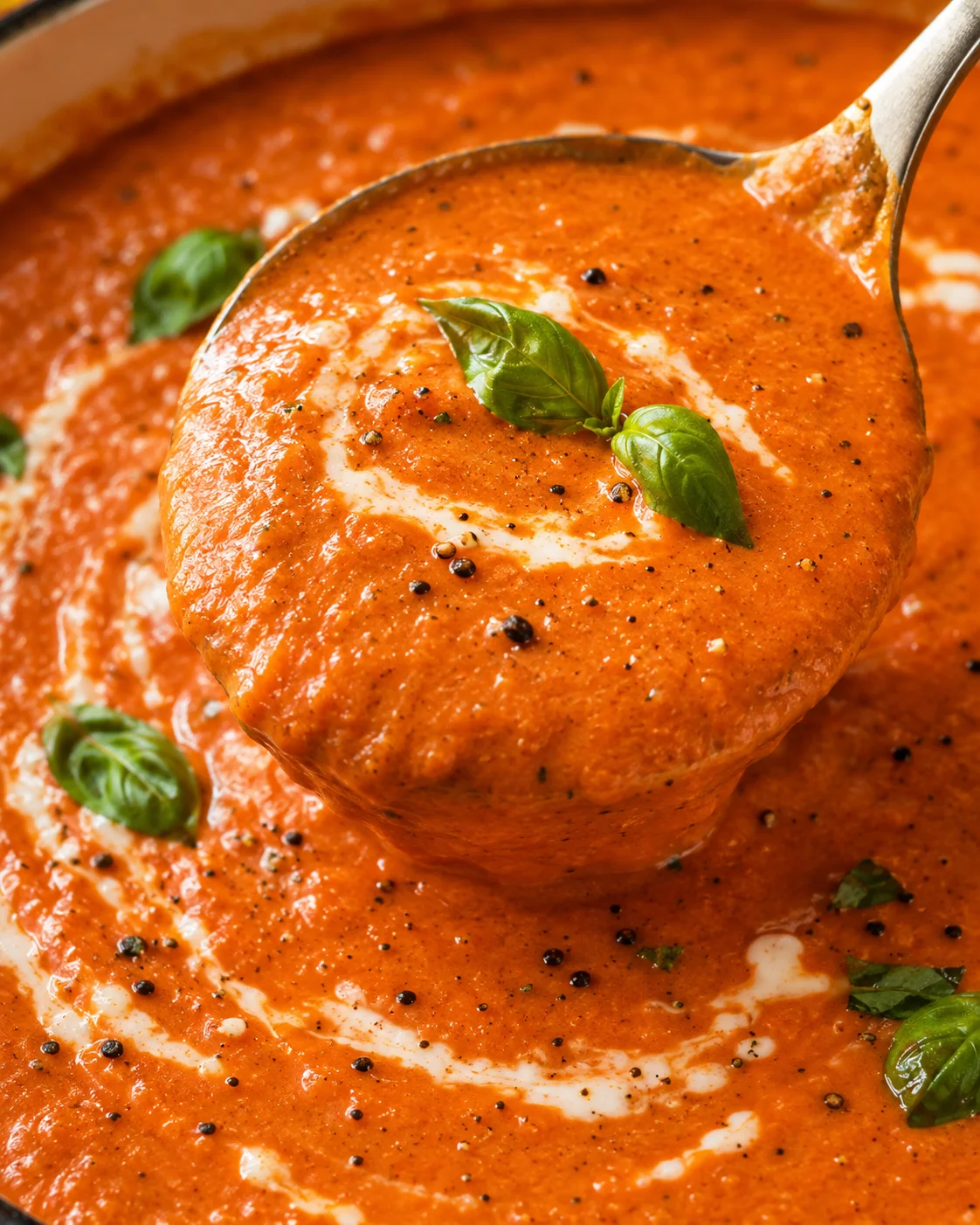 Close-up of a spoonful of creamy tomato bisque garnished with basil leaves.