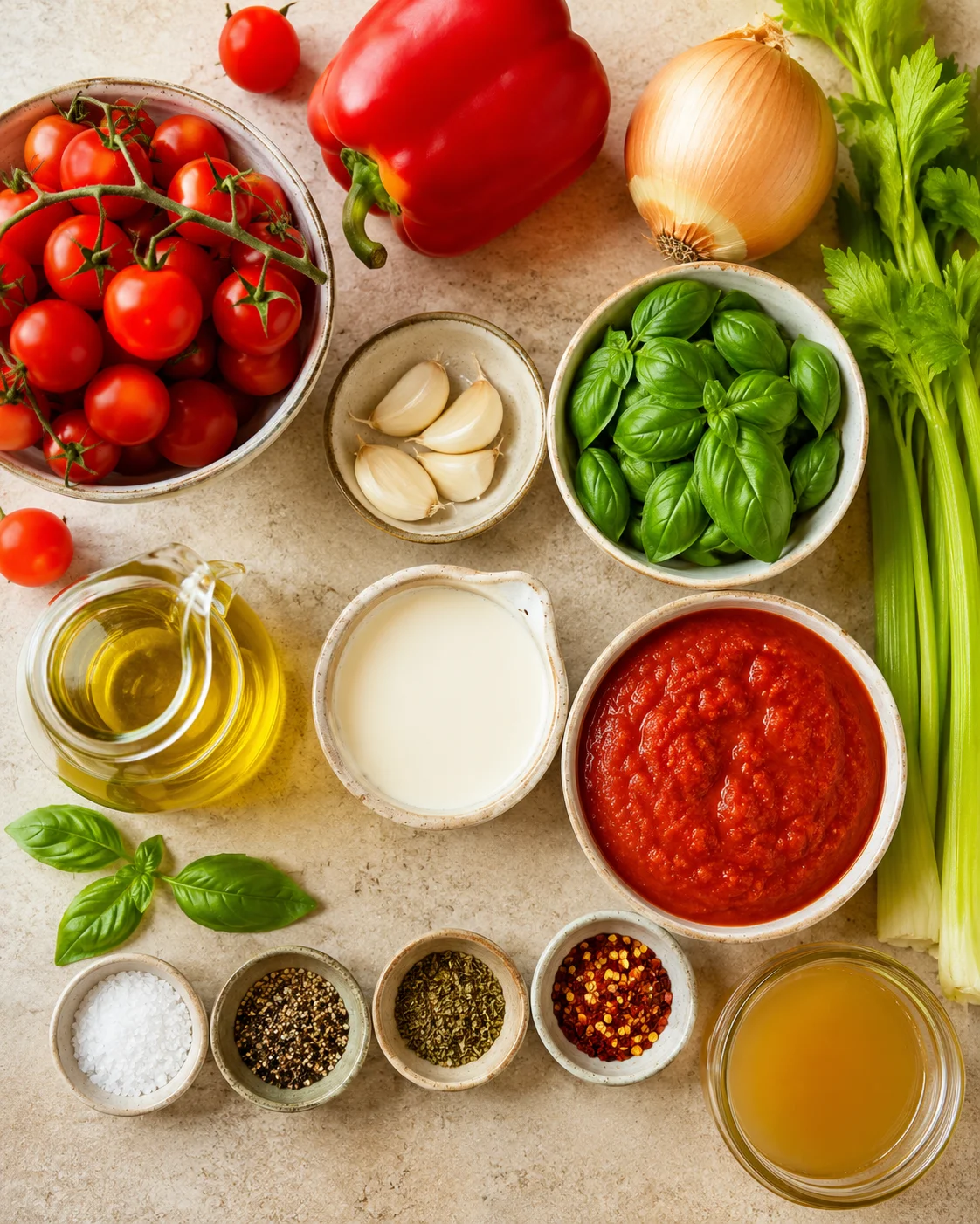 Fresh tomatoes, bell peppers, garlic, and herbs ready for making bisque