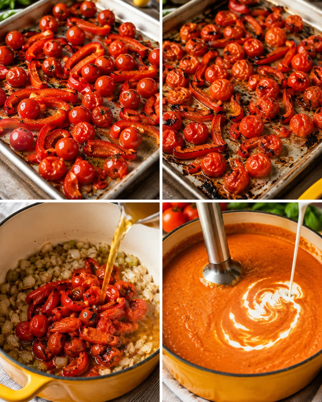 Images show cherry tomatoes and red bell peppers roasting on a sheet pan, and creamy tomato bisque being blended.
