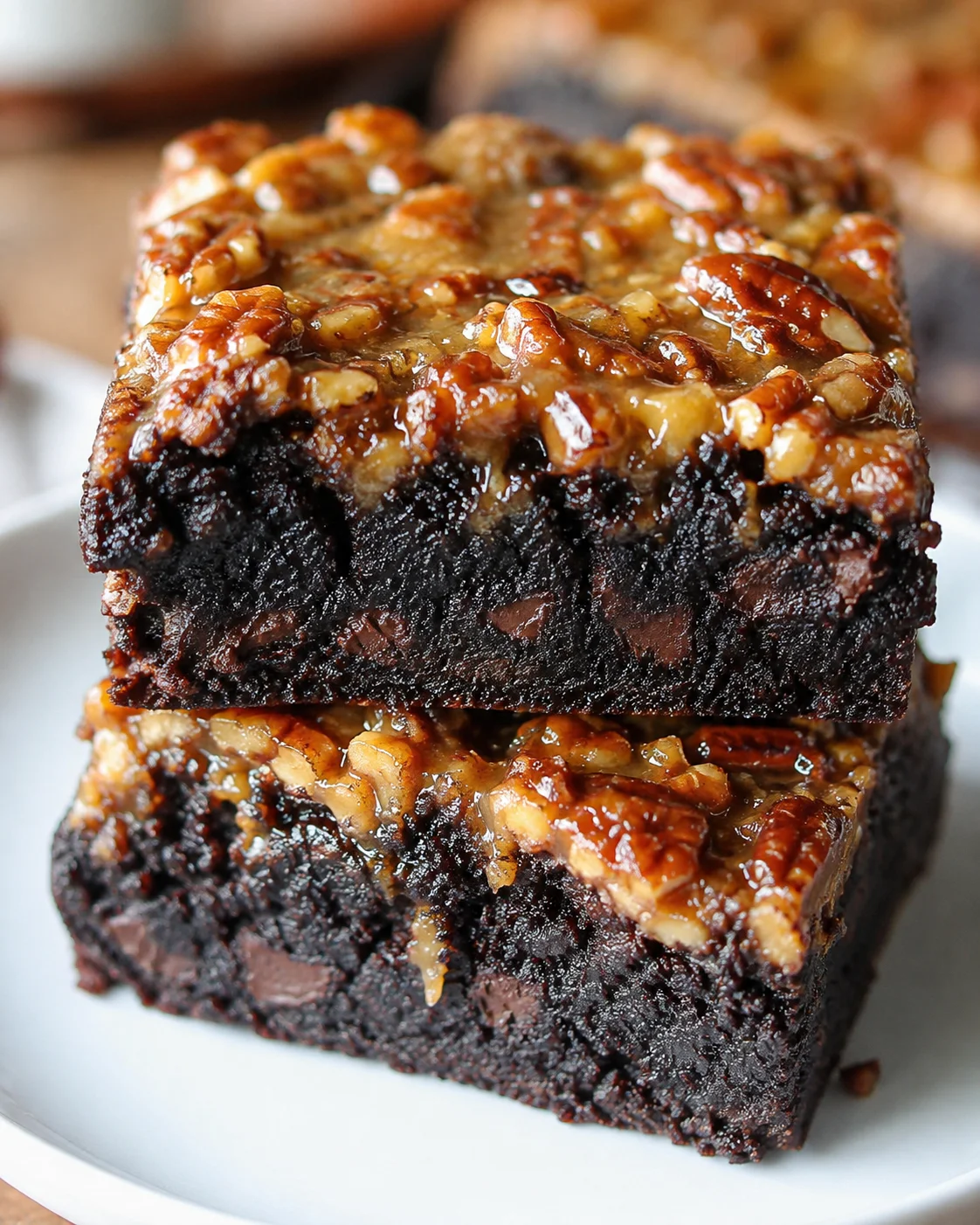 Close-up of rich, fudgy brownies topped with gooey pecan pie filling.
