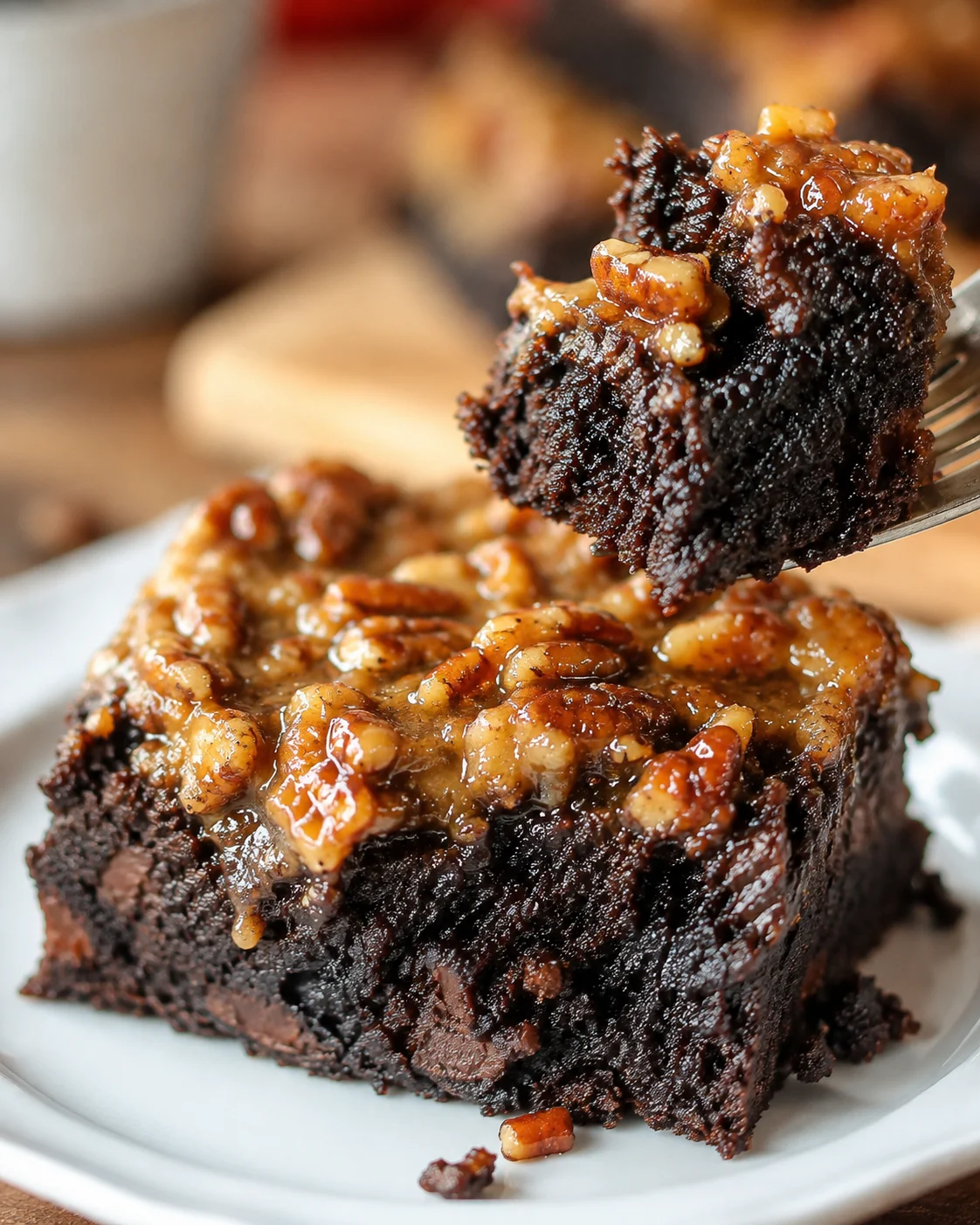 Fudgy chocolate brownies topped with gooey pecan pie filling and crunchy pecan bites.