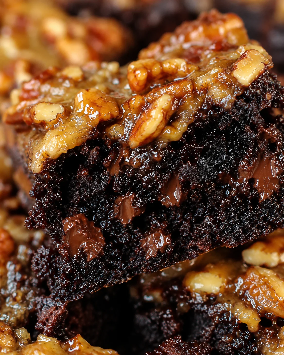 Close-up of rich, fudgy brownies topped with gooey pecan pie filling and crunchy pecans.