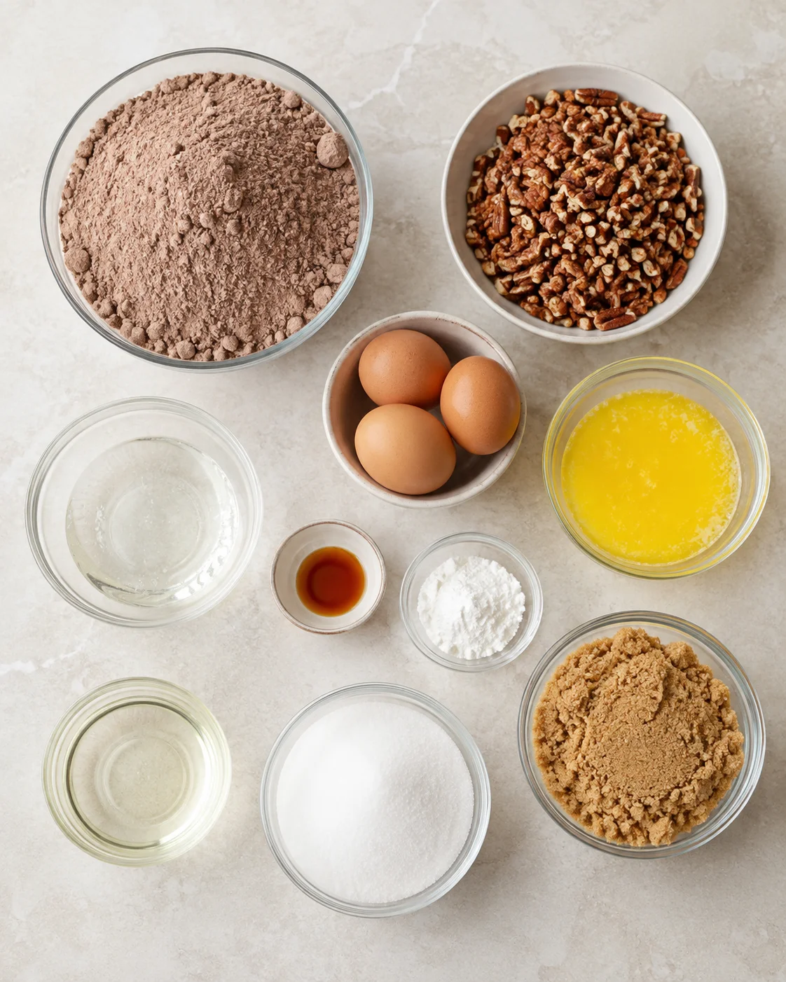 Ingredients for rich pecan pie brownies including cocoa powder, eggs, nuts, and butter.