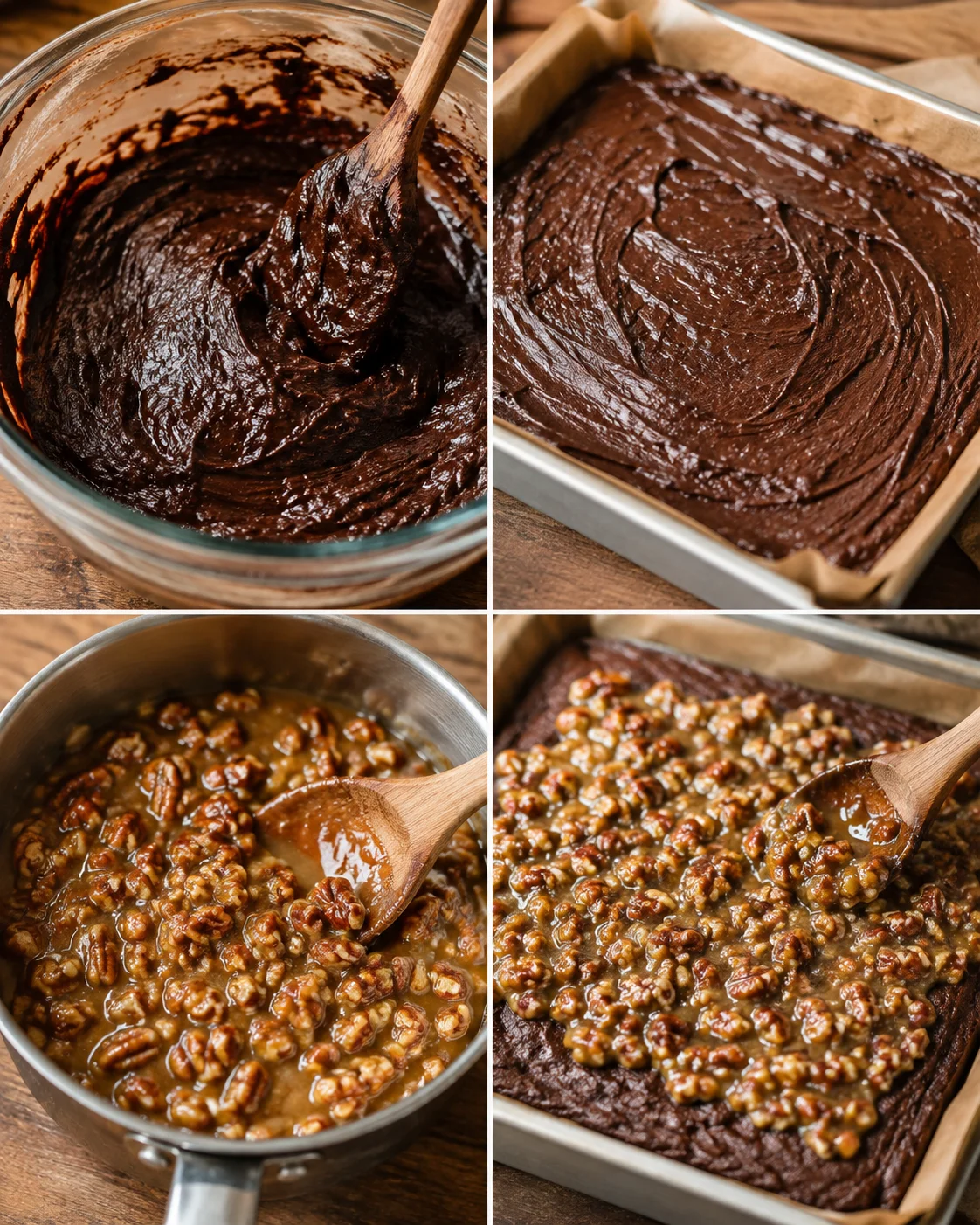 Delicious fudgy brownies topped with gooey pecan pie filling and crunchy pecans.