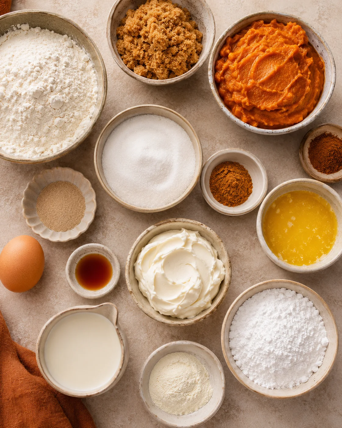 Bowl of pumpkin, cinnamon, and brown sugar ingredients for cinnamon rolls.