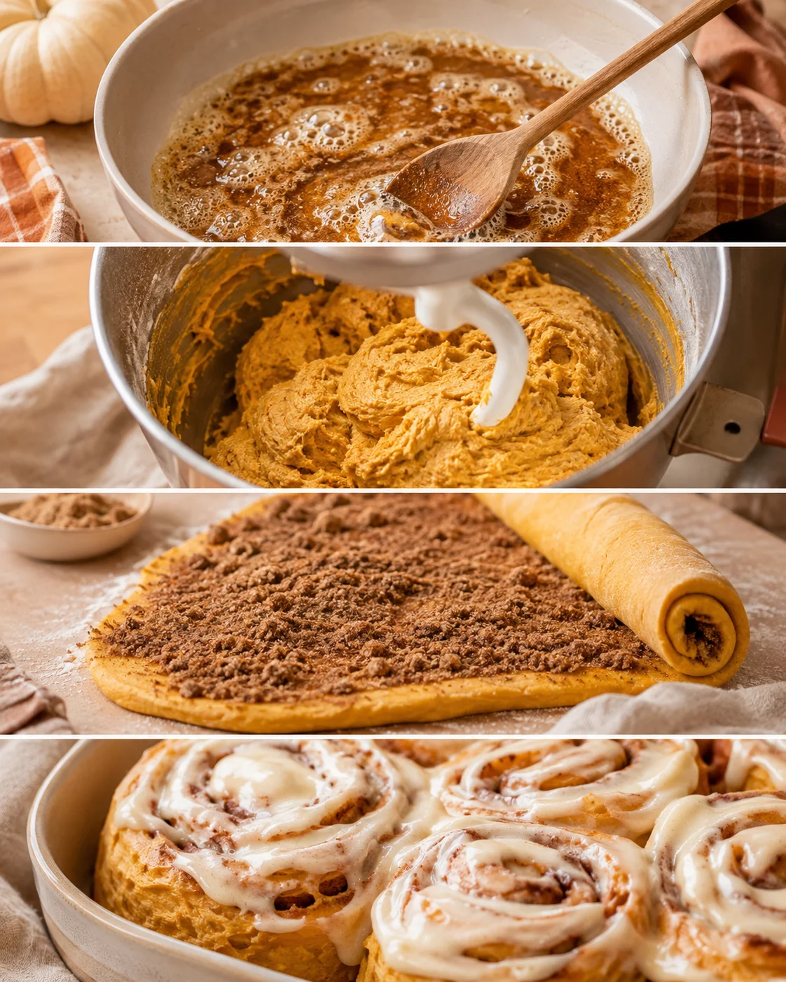Step-by-step images of making pumpkin cinnamon rolls with filling and frosting.