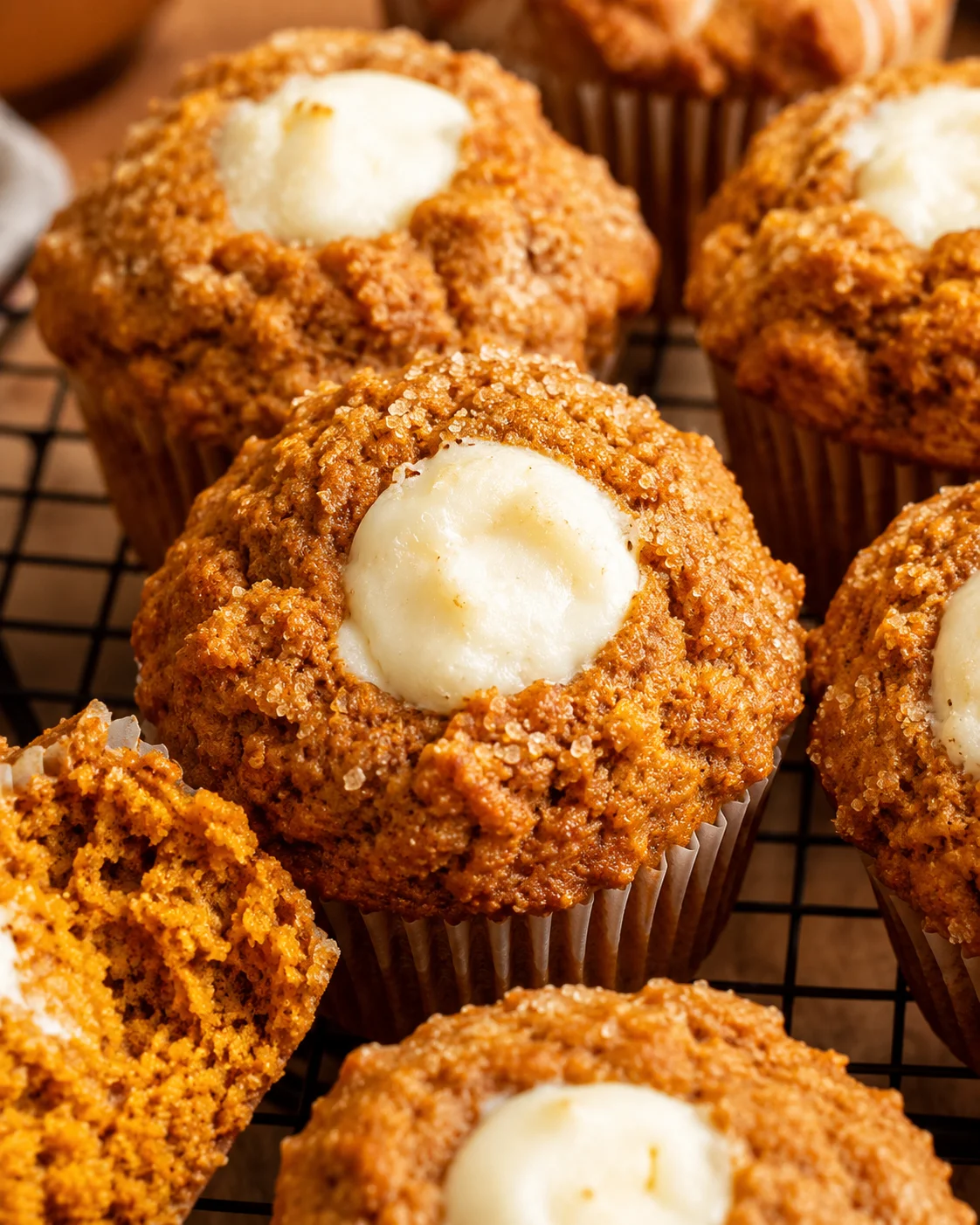 Delicious pumpkin muffins filled with creamy cream cheese centers, perfect for fall mornings.