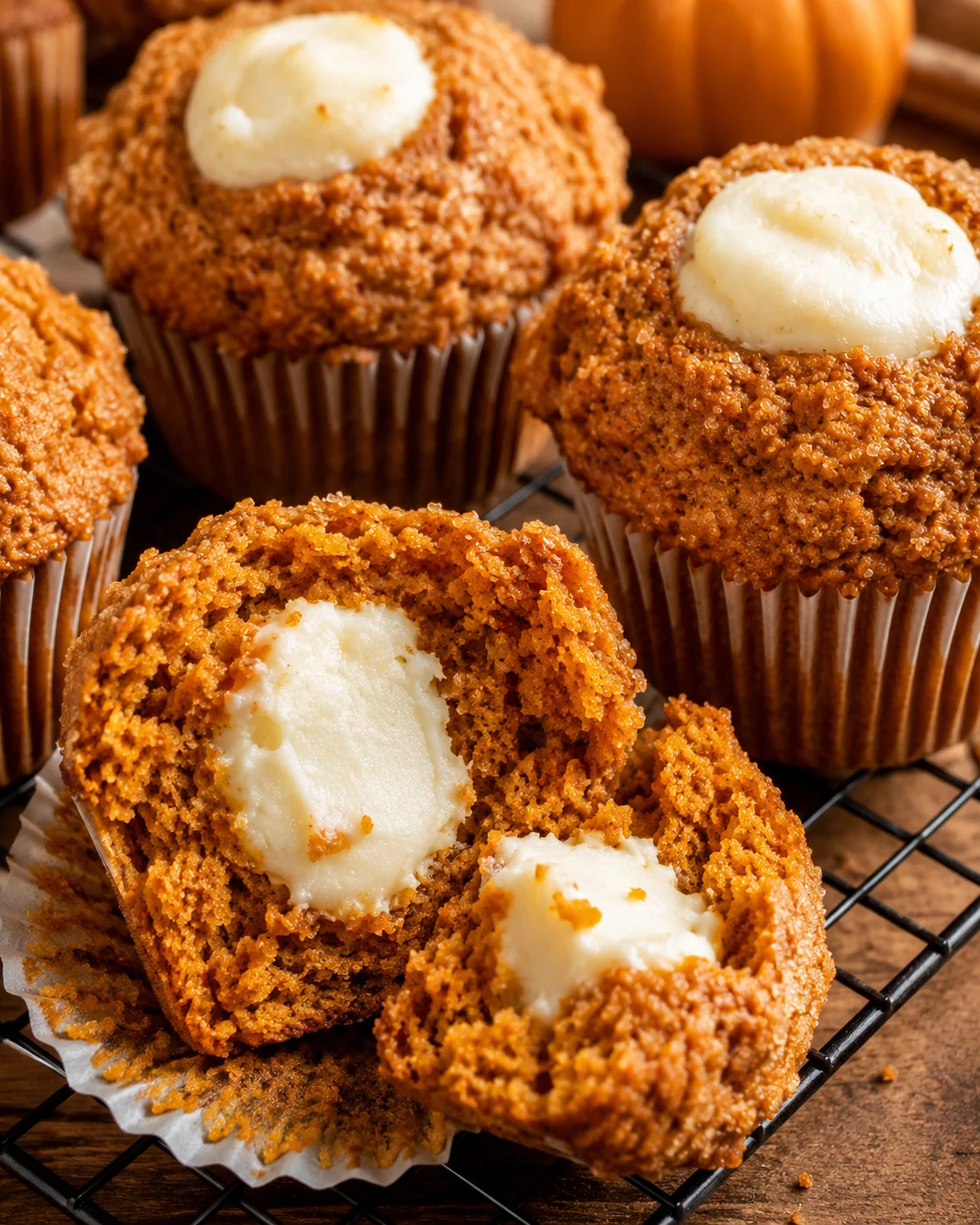 Close-up of moist pumpkin muffins with creamy centers on a cooling rack.