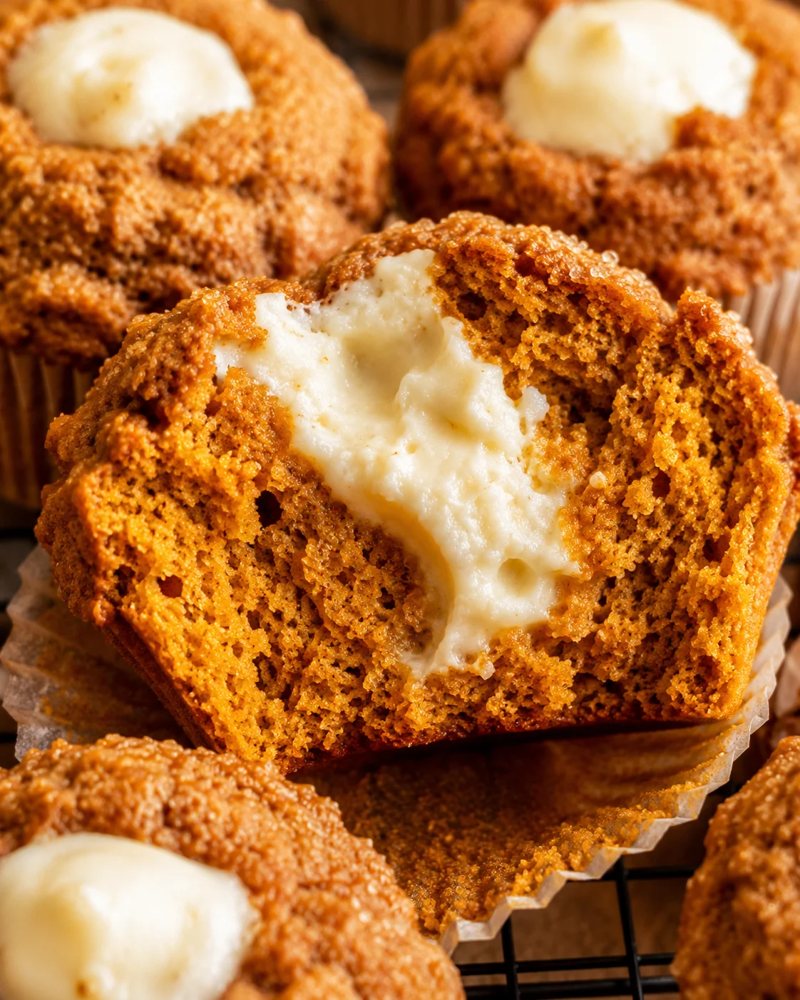 Close-up of soft, moist pumpkin muffins with creamy centers and golden crumb tops