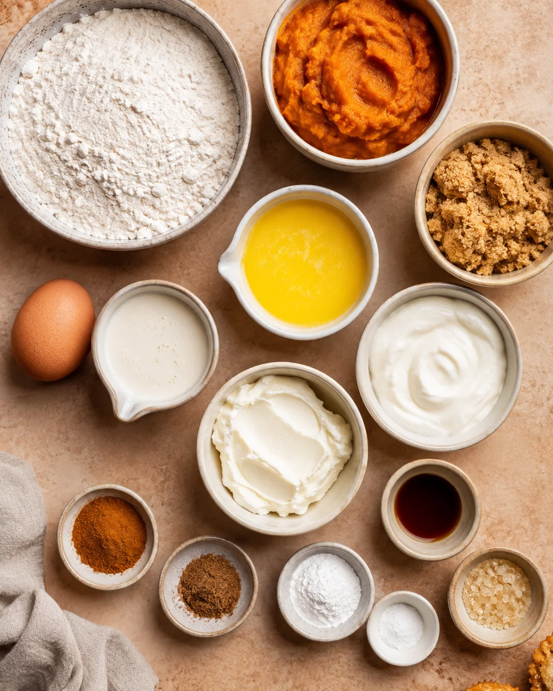 Bowl of pumpkin puree, cream cheese, and spices for muffins on a beige surface.