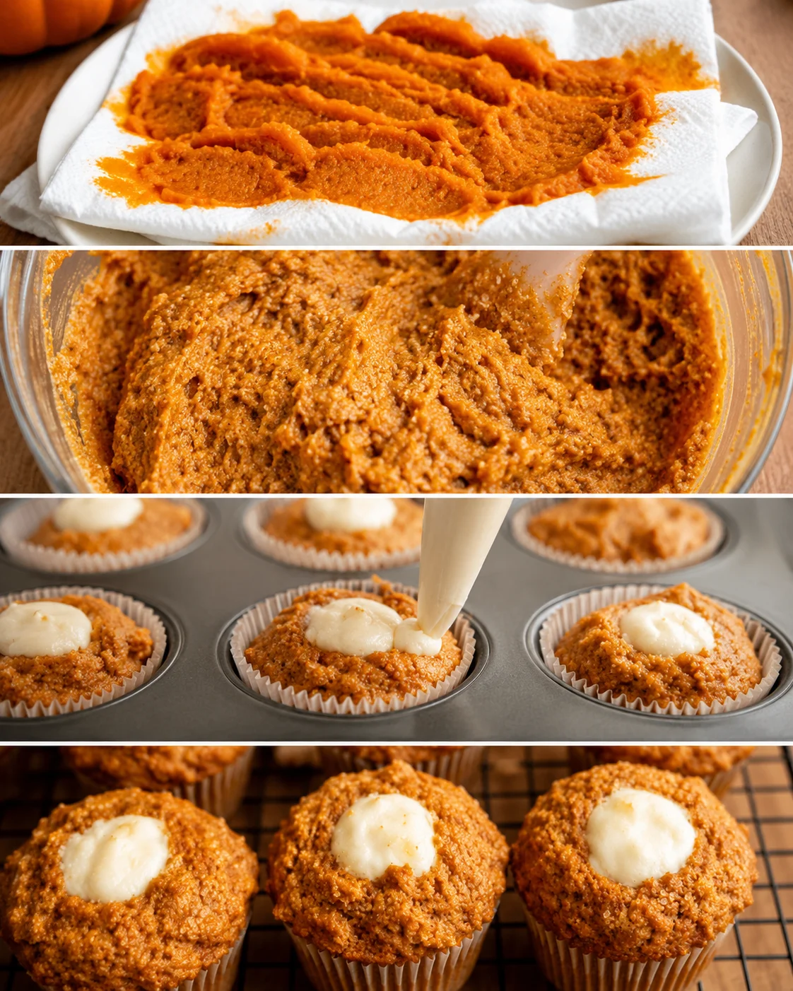 Freshly baked pumpkin muffins with cream cheese filling, golden and spiced.