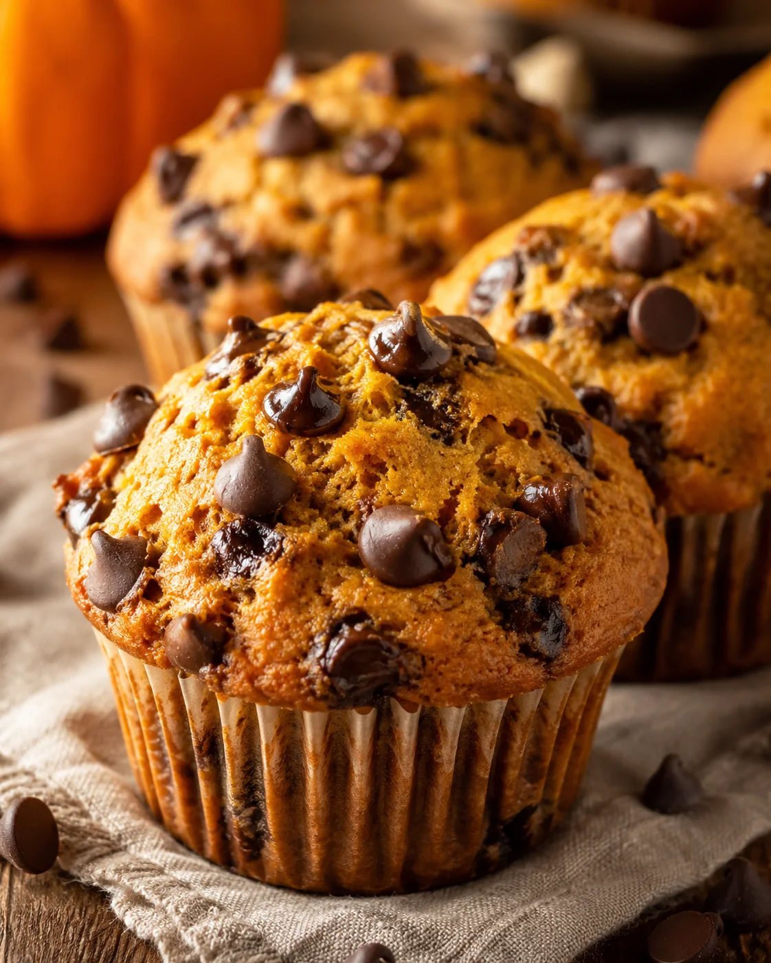 Freshly baked pumpkin chocolate chip muffins with tall, domed tops and chocolate chips on top