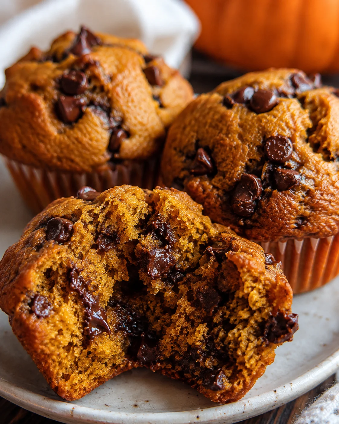 Delicious pumpkin chocolate chip muffins with tall, domed tops and moist texture