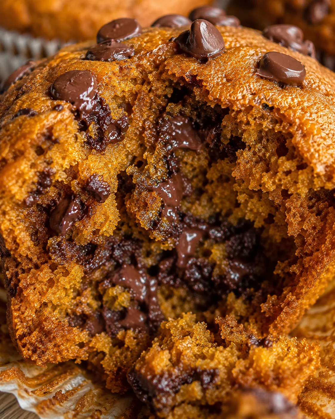 Close-up of soft, spiced pumpkin muffins with melted chocolate chips on top.