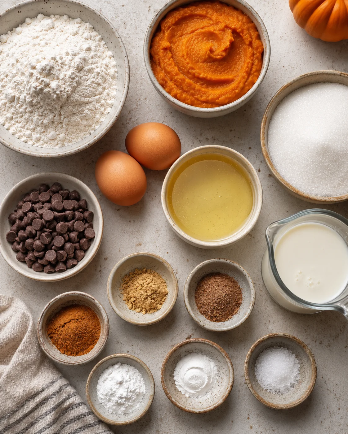Ingredients for pumpkin chocolate chip muffins displayed on a kitchen counter.