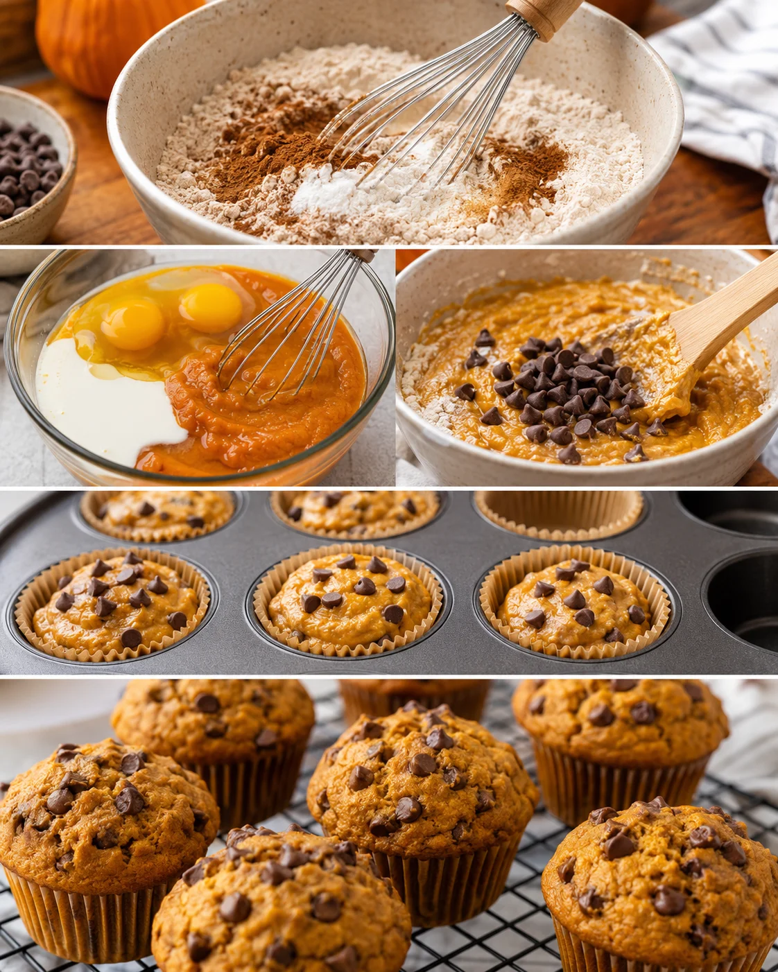 Baking pumpkin chocolate chip muffins with ingredients and freshly baked muffins.
