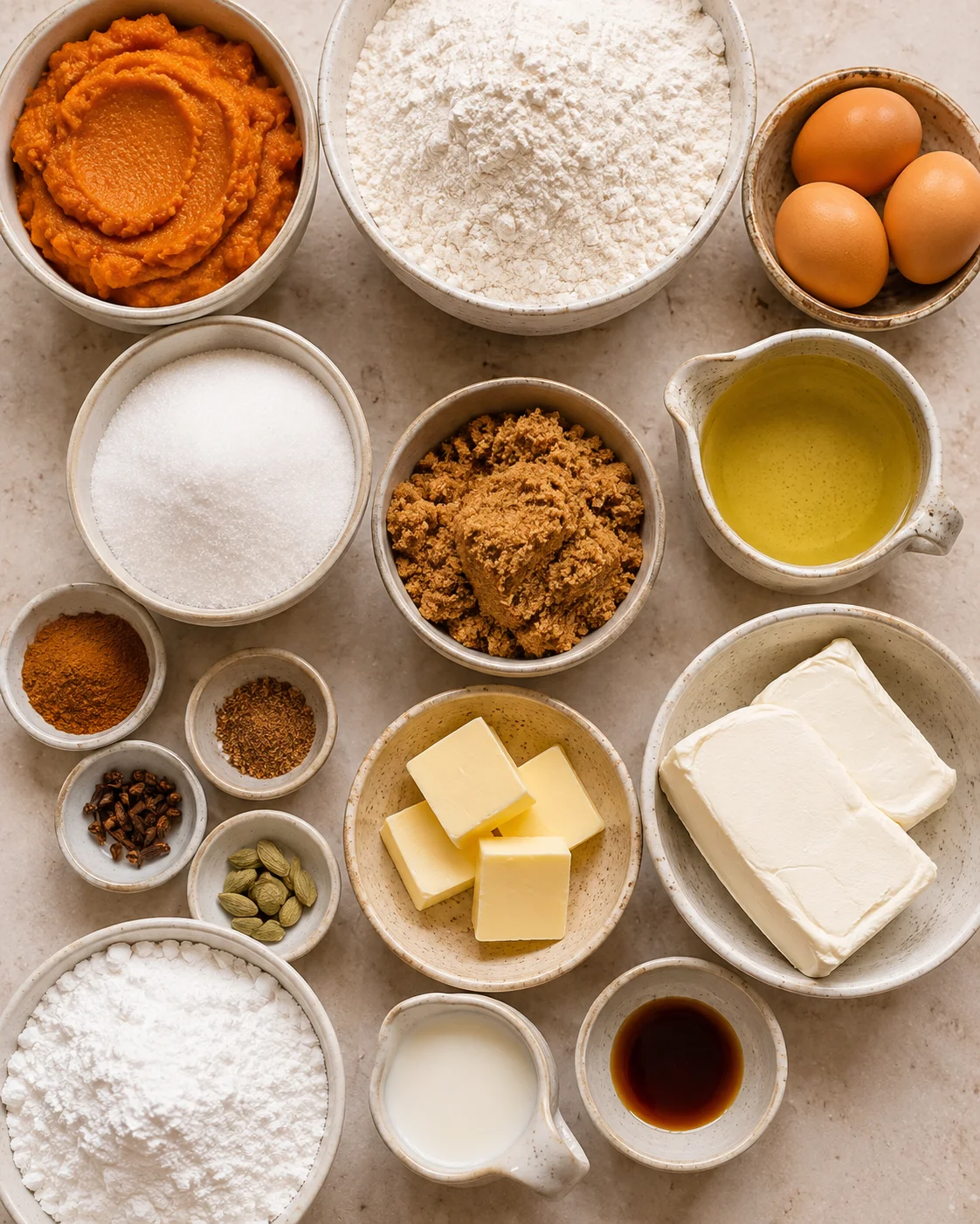 Assorted ingredients for pumpkin bread and cream cheese frosting on a kitchen surface