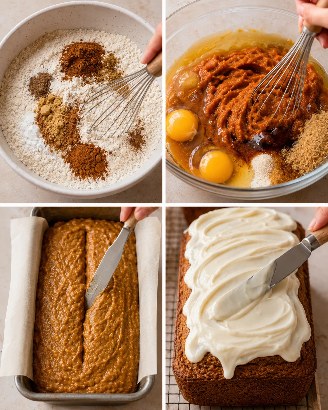 Slices of pumpkin bread topped with creamy cream cheese frosting, serving suggestion image.
