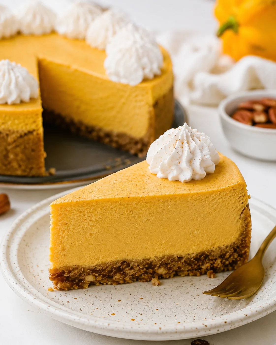 Slice of creamy keto pumpkin cheesecake topped with whipped cream on a plate