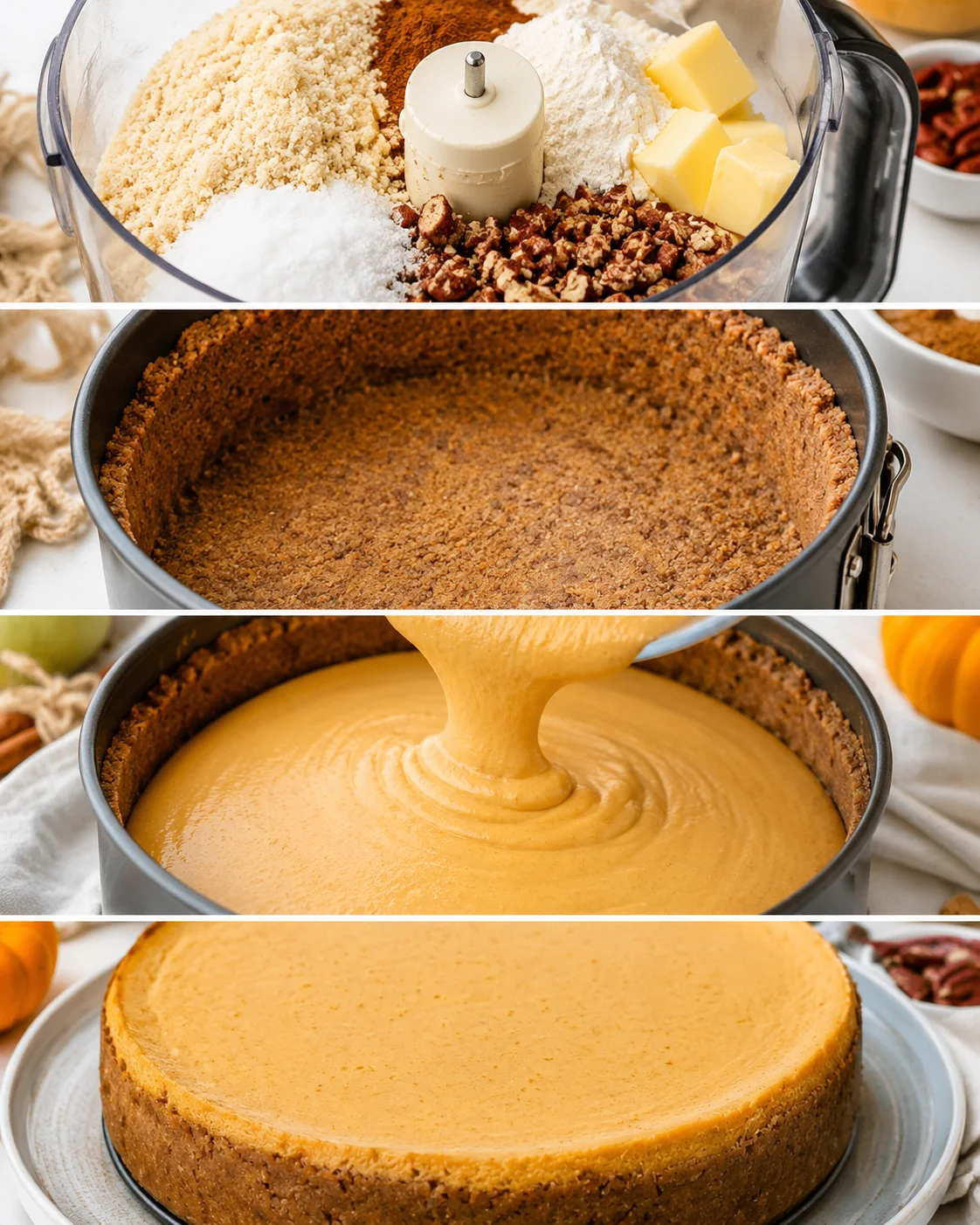 Step-by-step process of preparing a creamy keto pumpkin cheesecake with crust and filling