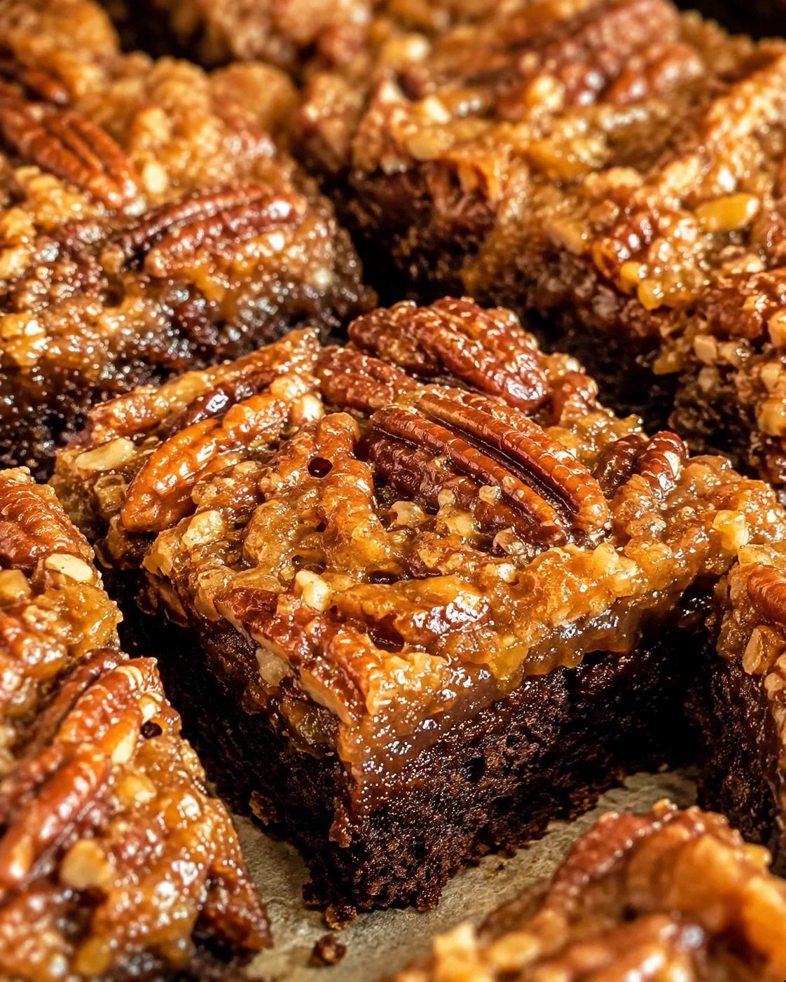 Fudgy chocolate brownies topped with gooey pecan pie layers.