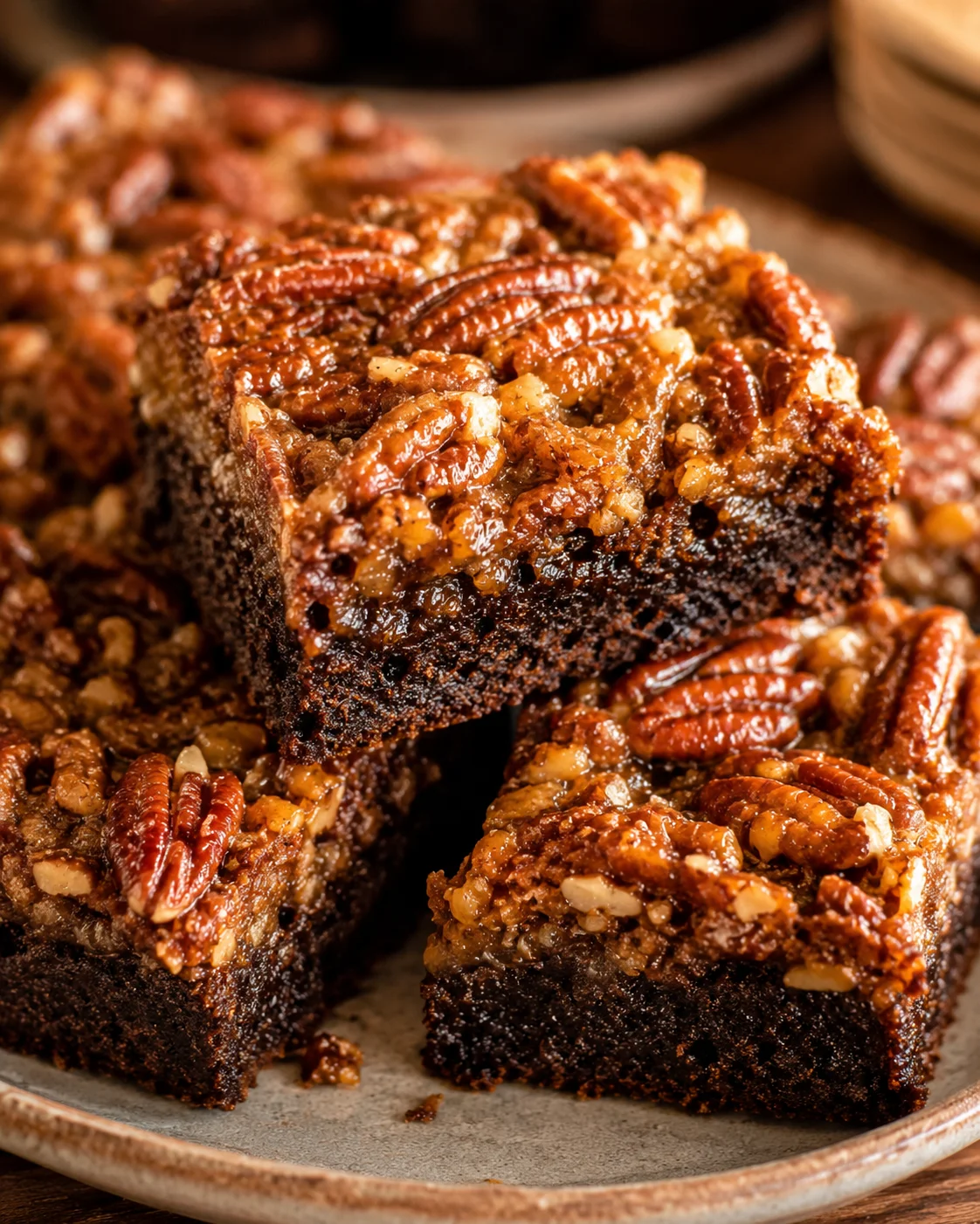 Close-up of decadent pecan pie brownies with nut topping on a plate
