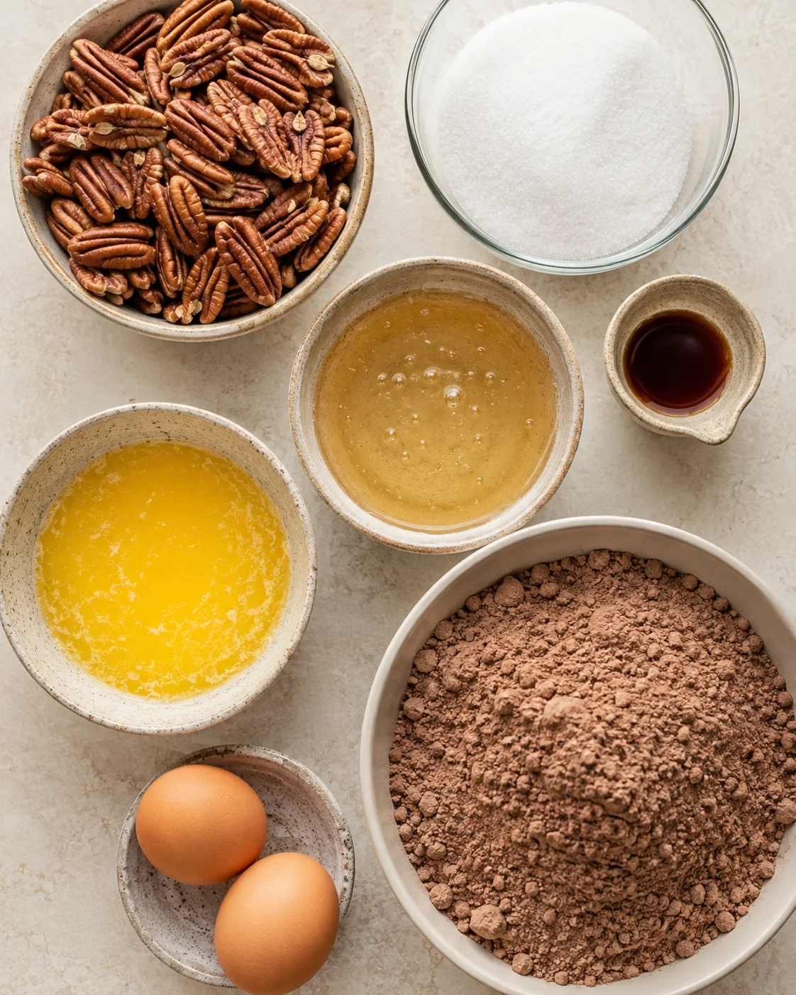 Ingredients for pecan pie brownies including pecans, brownie mix, and sweet syrup.