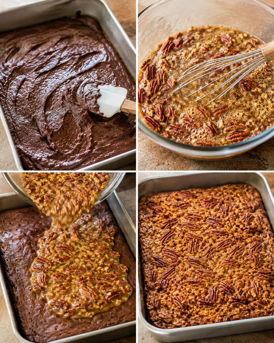Delicious chocolate brownie topped with gooey pecan pie filling, ready to serve.