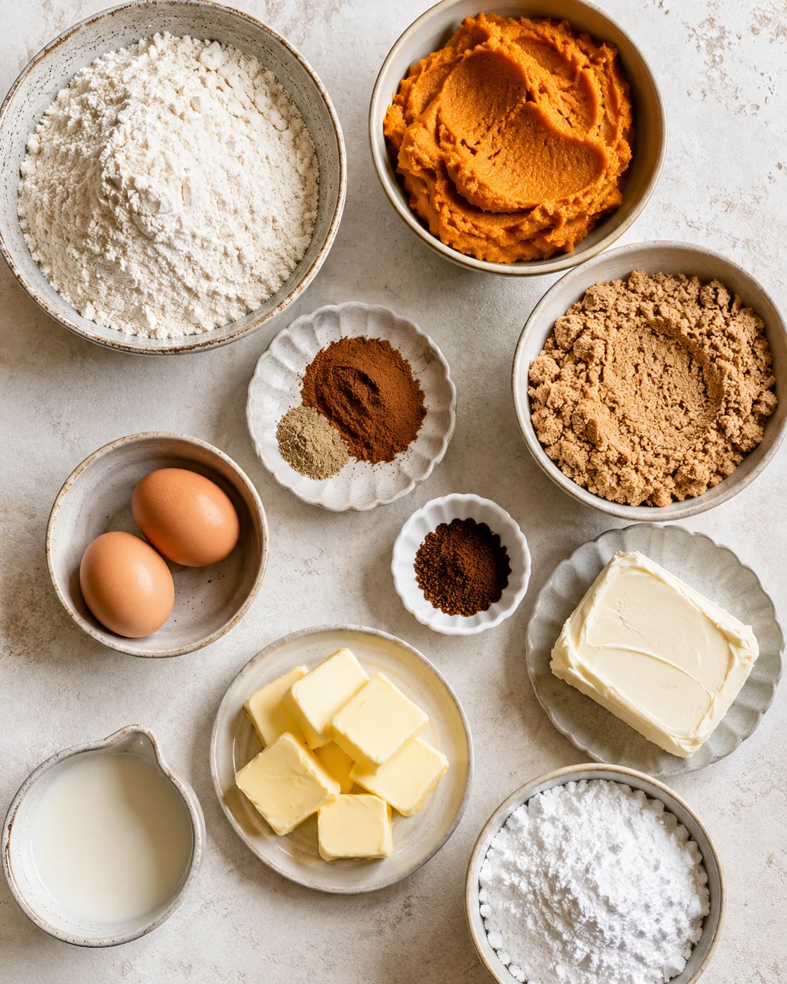 Gathered ingredients including pumpkin, flour, and butter for festive cinnamon rolls.
