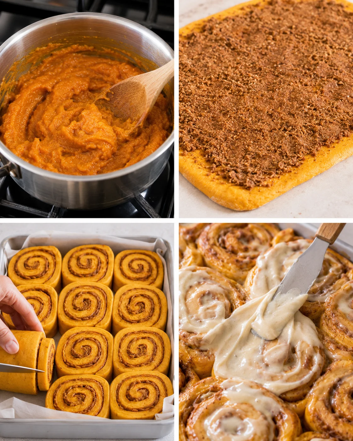 Freshly baked pumpkin cinnamon rolls topped with coffee maple frosting, ready to serve.