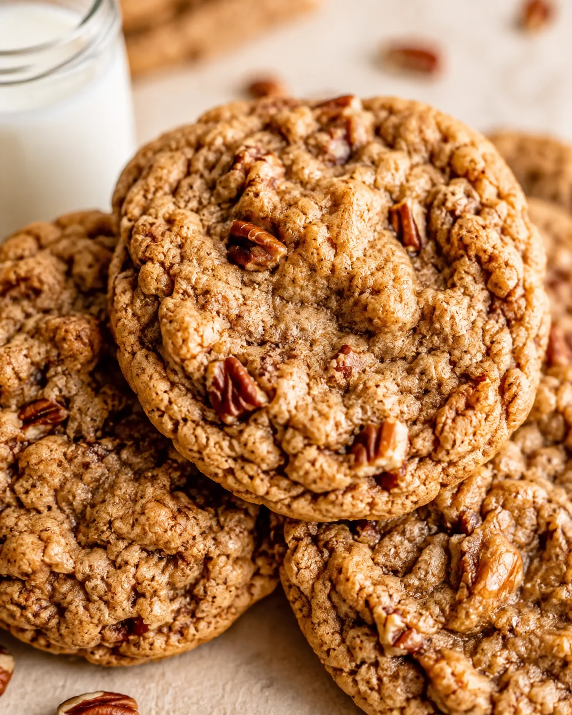 Close-up of chewy maple pecan cookies with pecans on top