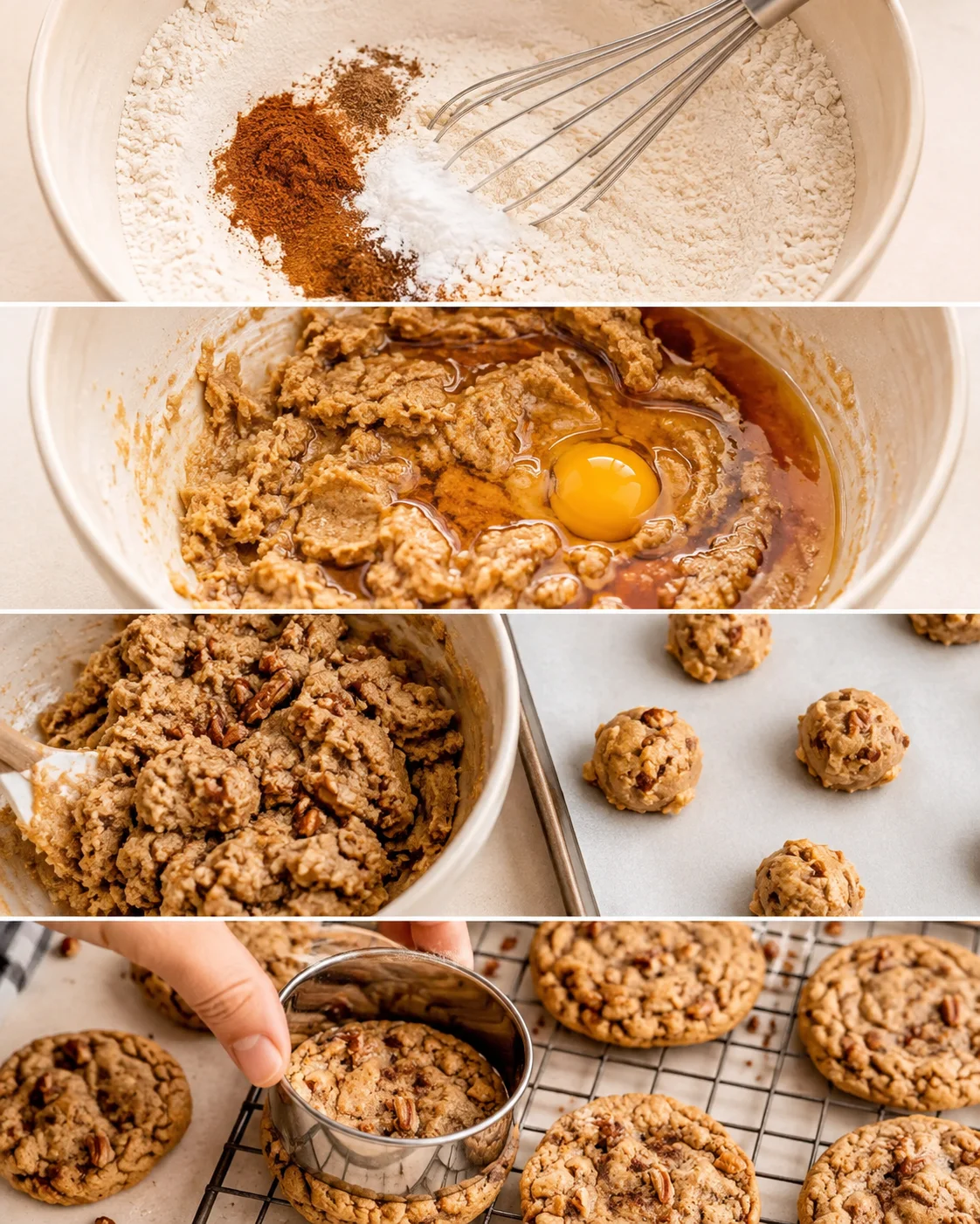 Close-up of cookie dough with pecans and spices ready to bake.