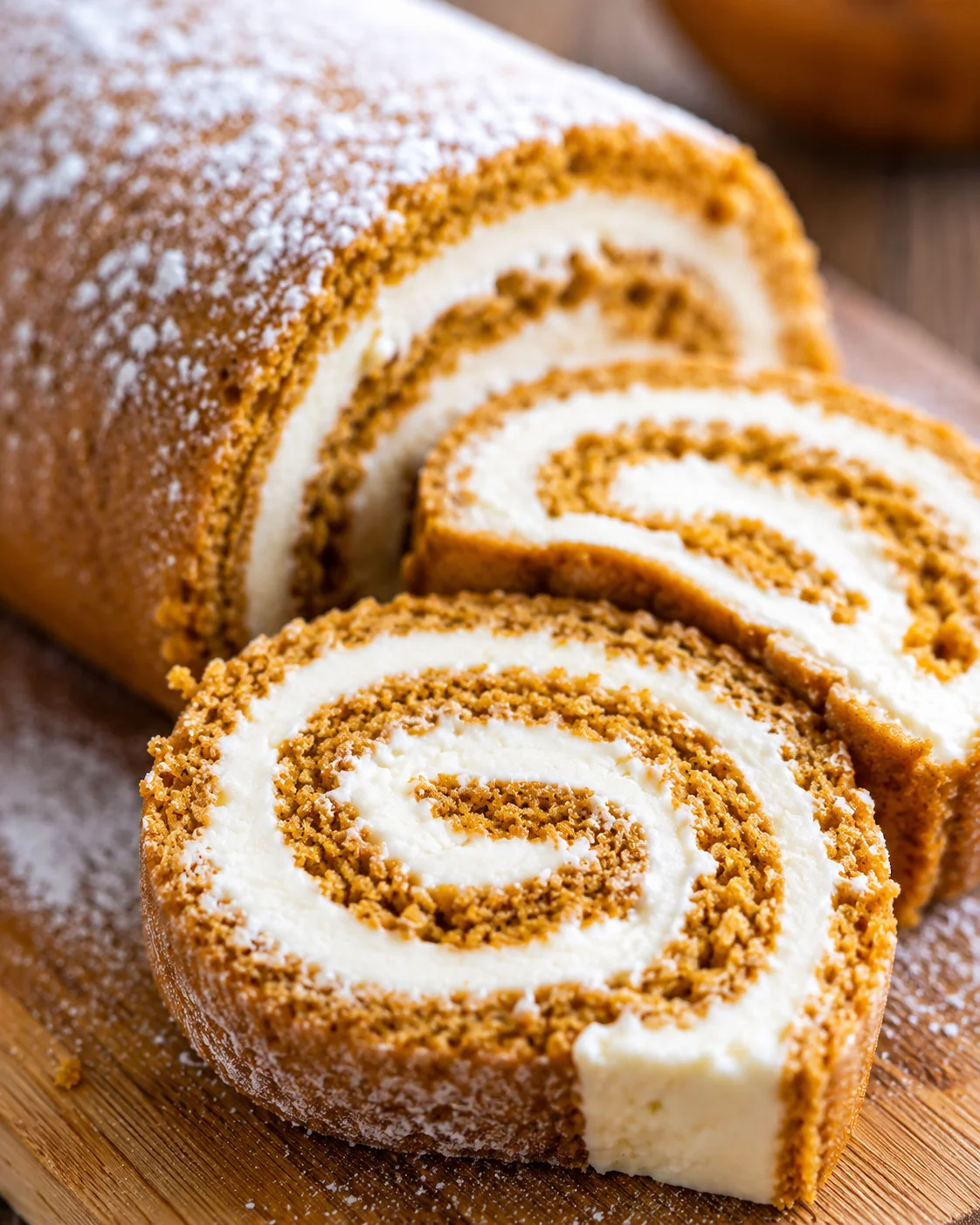 Freshly sliced pumpkin roll cake with swirls of cream cheese filling on a wooden board.