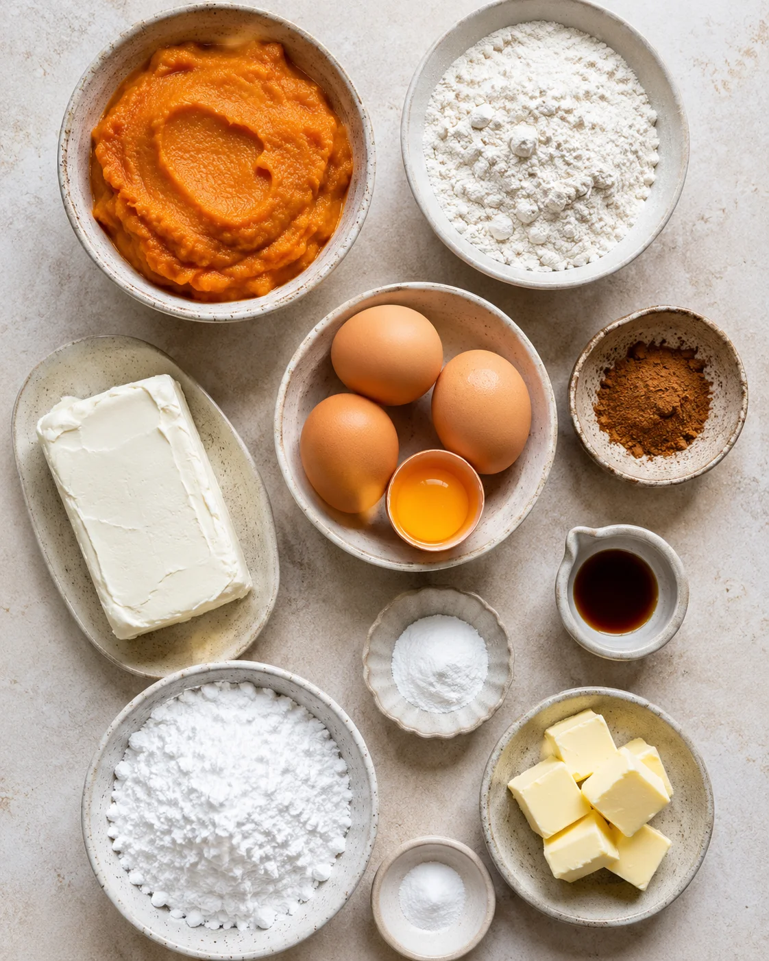 Ingredients for a homemade pumpkin roll including pumpkin puree, eggs, cream cheese, and spices.