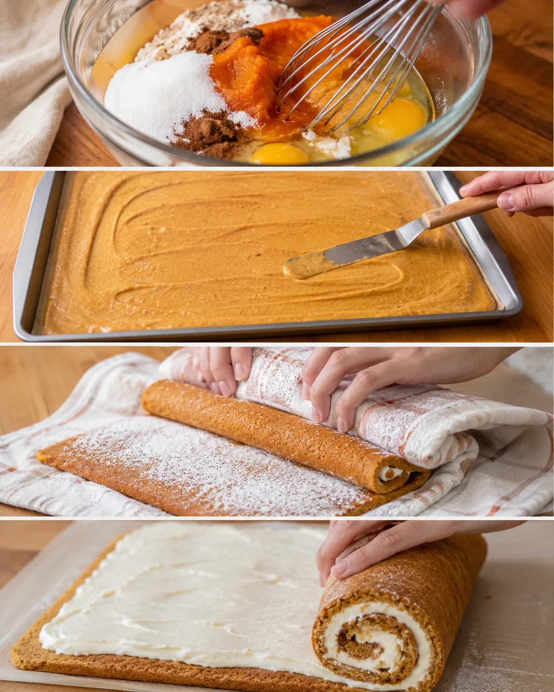 Step-by-step images of making and rolling pumpkin cake with cream cheese filling.