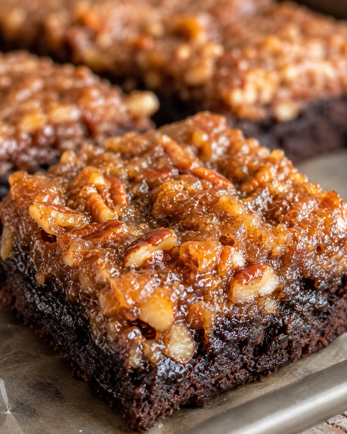 Decadent brownies topped with gooey pecan pie filling and chopped pecans.