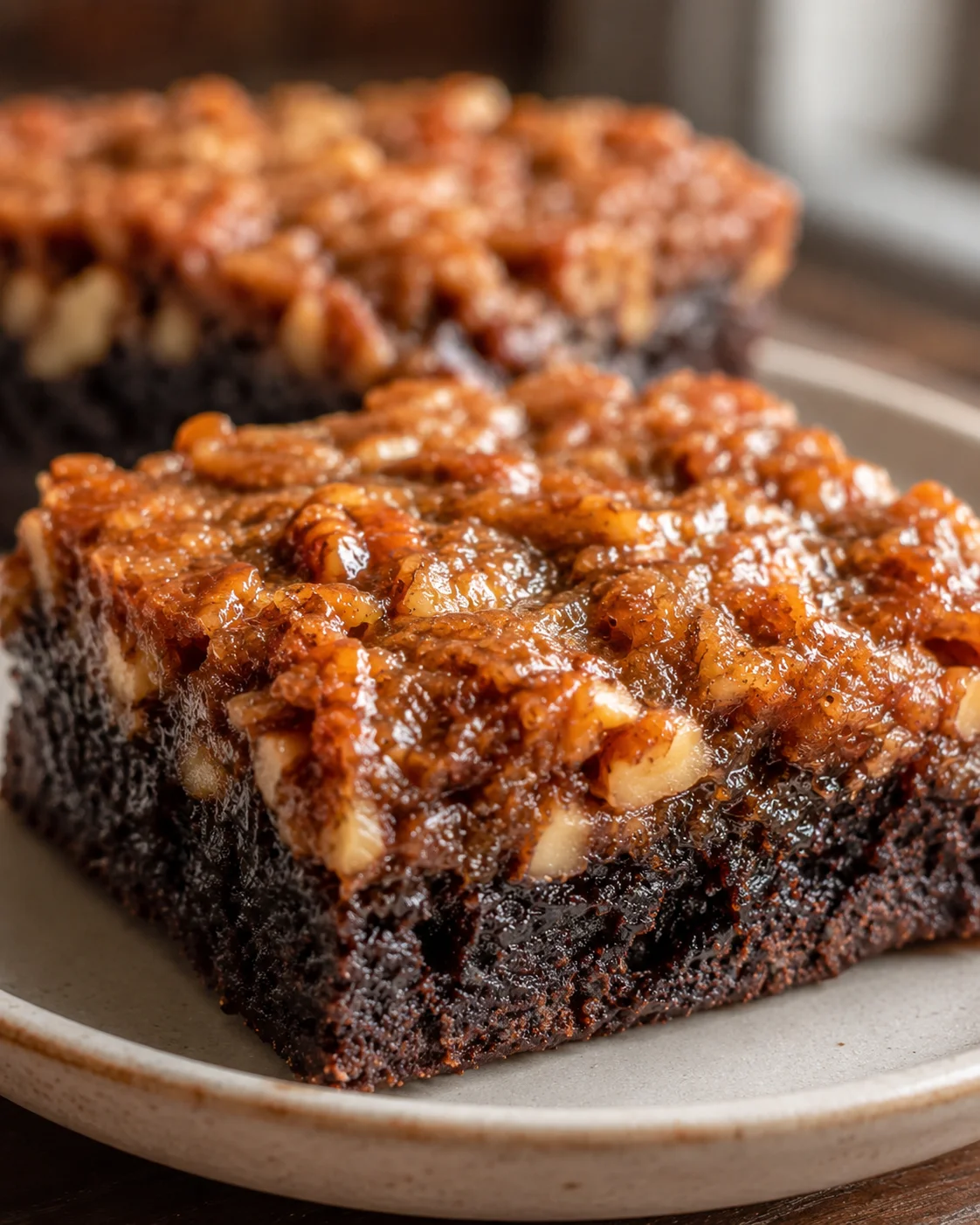 Close-up of rich chocolate brownies topped with pecan pie filling and nuts.