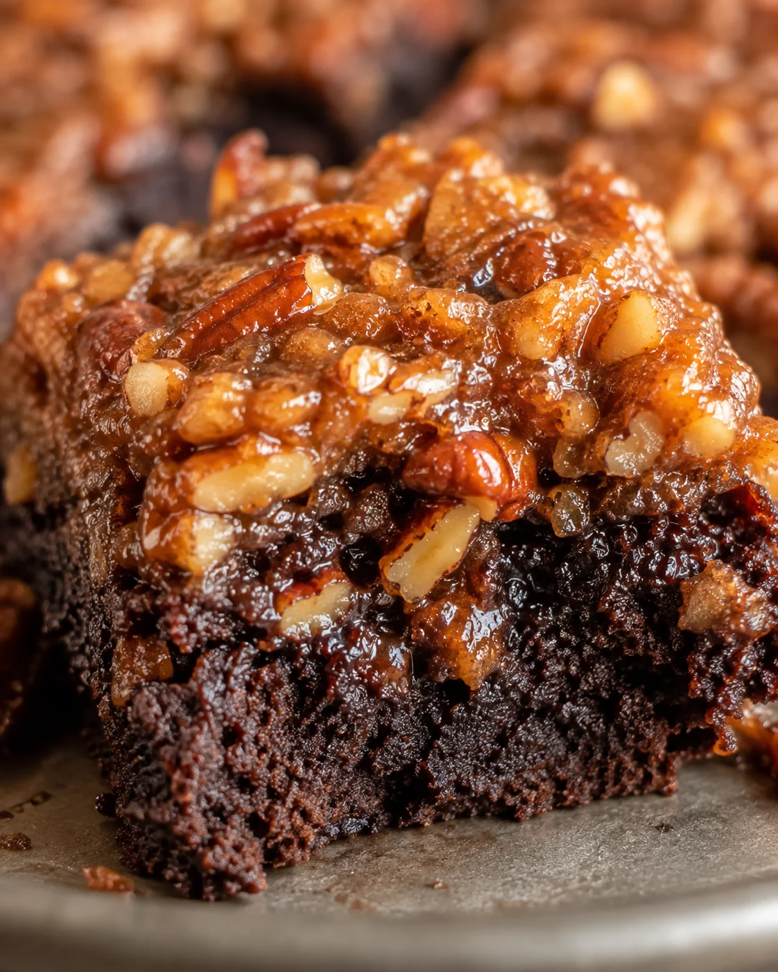 Close-up of gooey pecan pie topping on rich chocolate brownies.