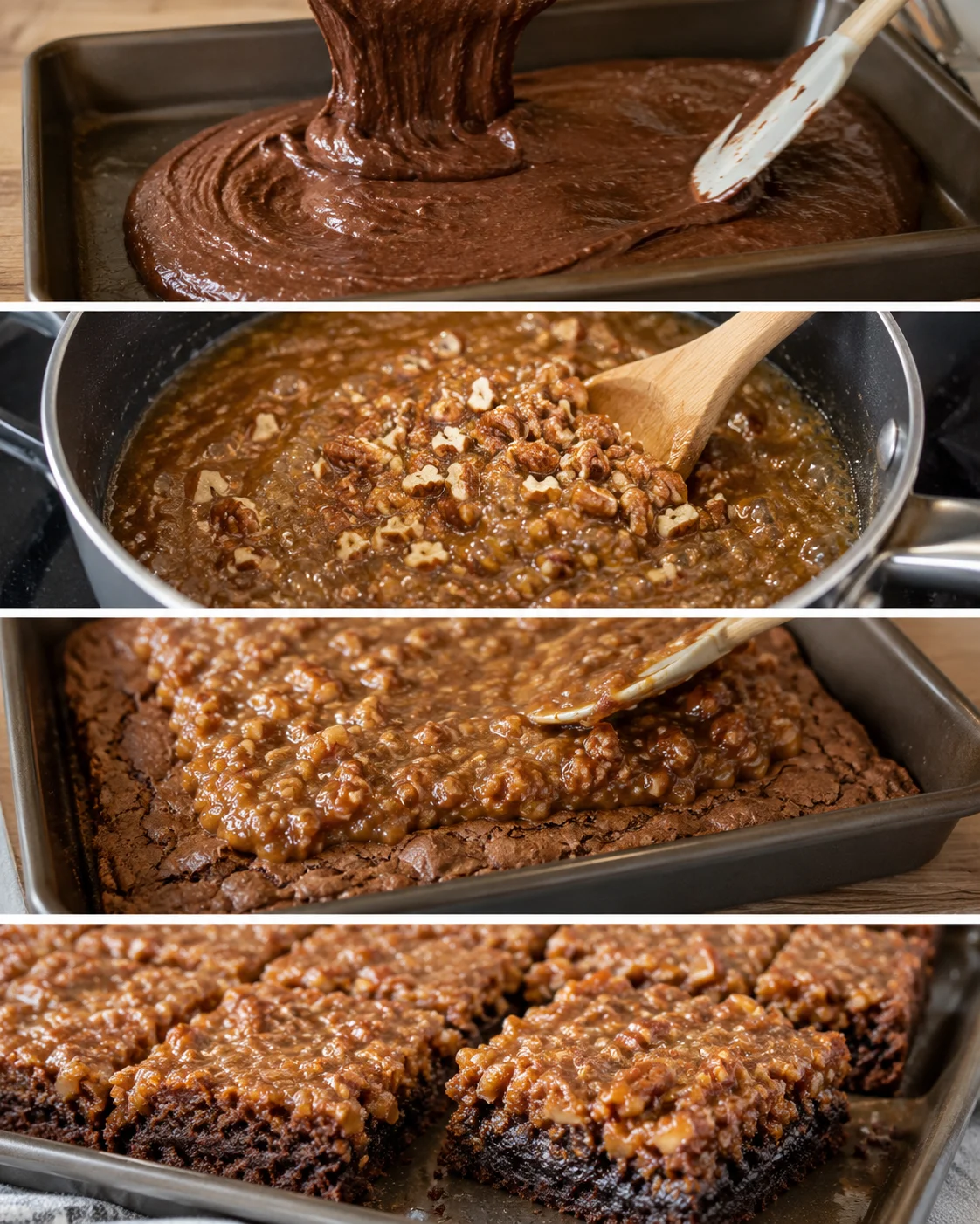 Rich chocolate brownies topped with gooey pecan pie filling, freshly baked and tempting.