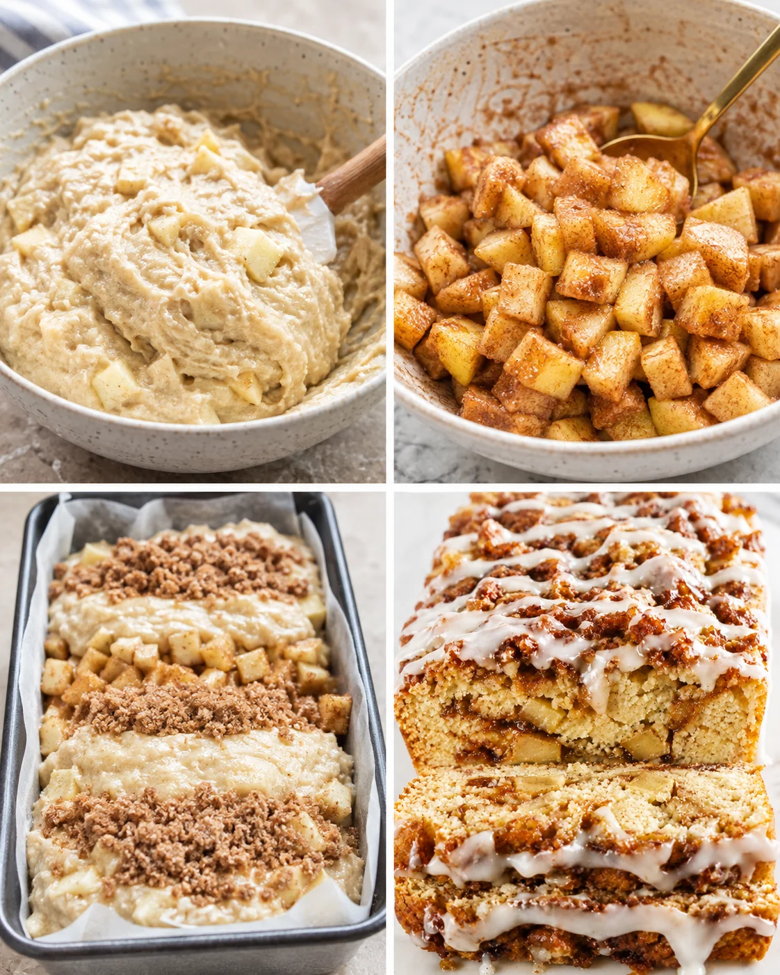 Delicious vegan gluten-free apple fritter bread with layers of fresh apples and cinnamon.
