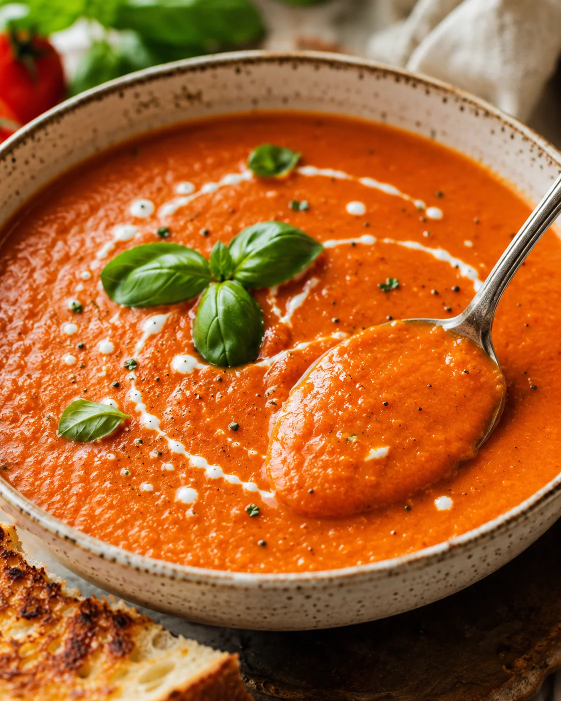 A bowl of creamy tomato bisque garnished with fresh basil leaves and drizzled with cream.
