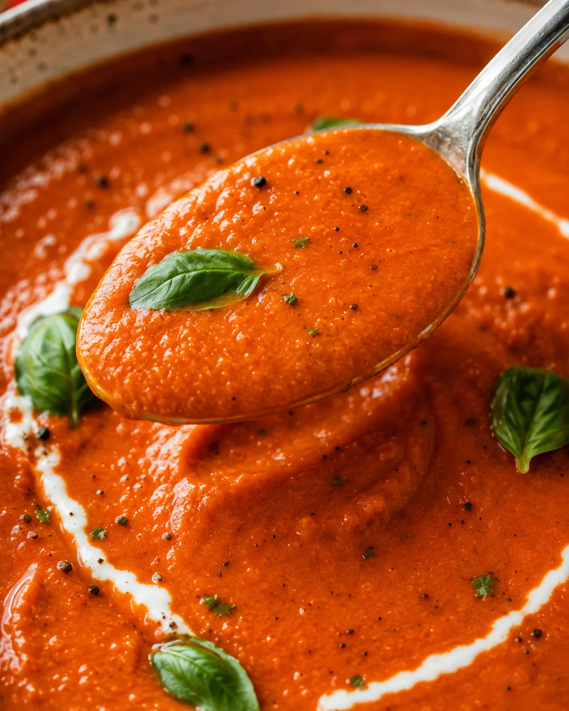 A spoonful of rich tomato bisque garnished with fresh basil leaves.