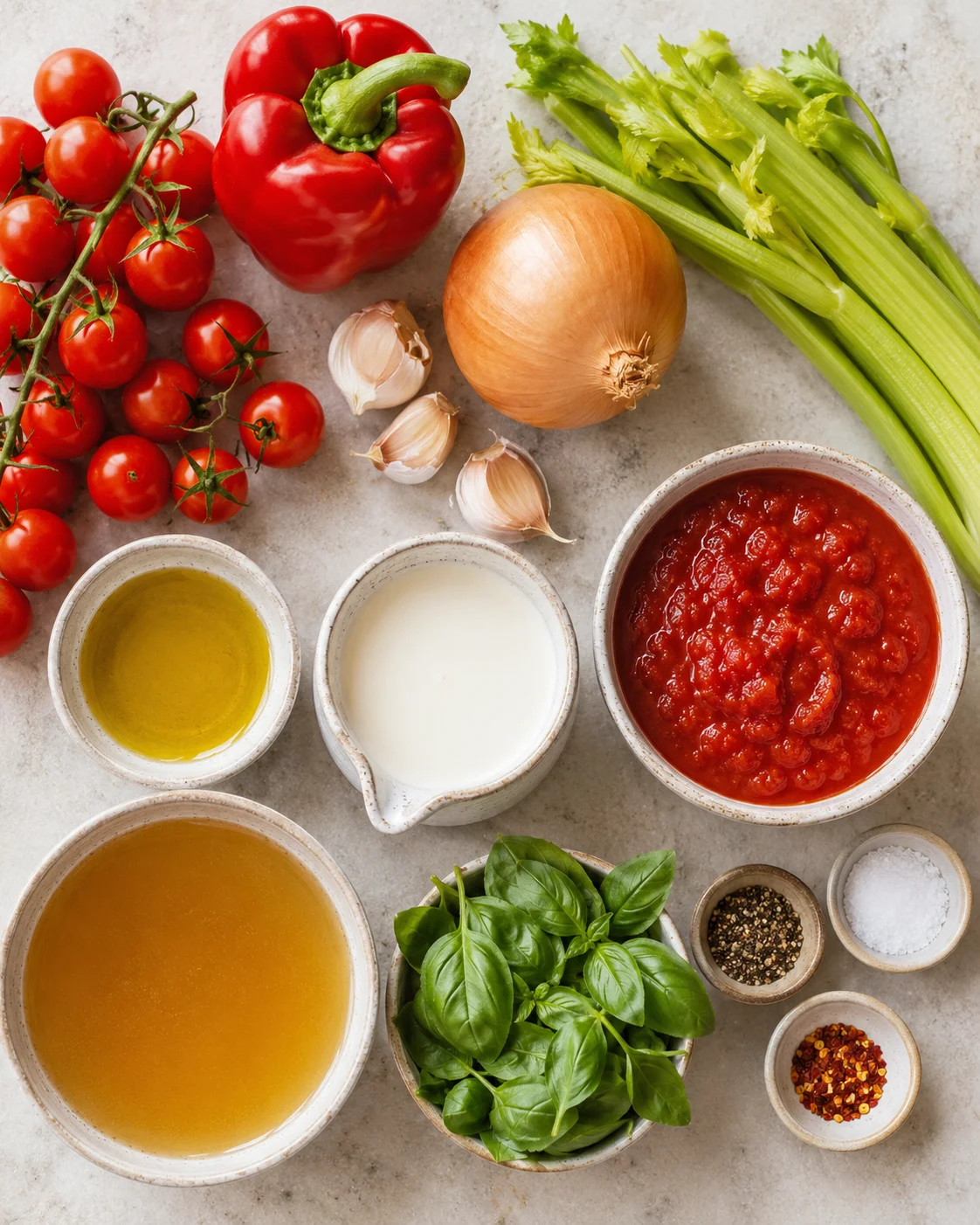Fresh ingredients for tomato bisque, including tomatoes, bell peppers, garlic, and herbs.