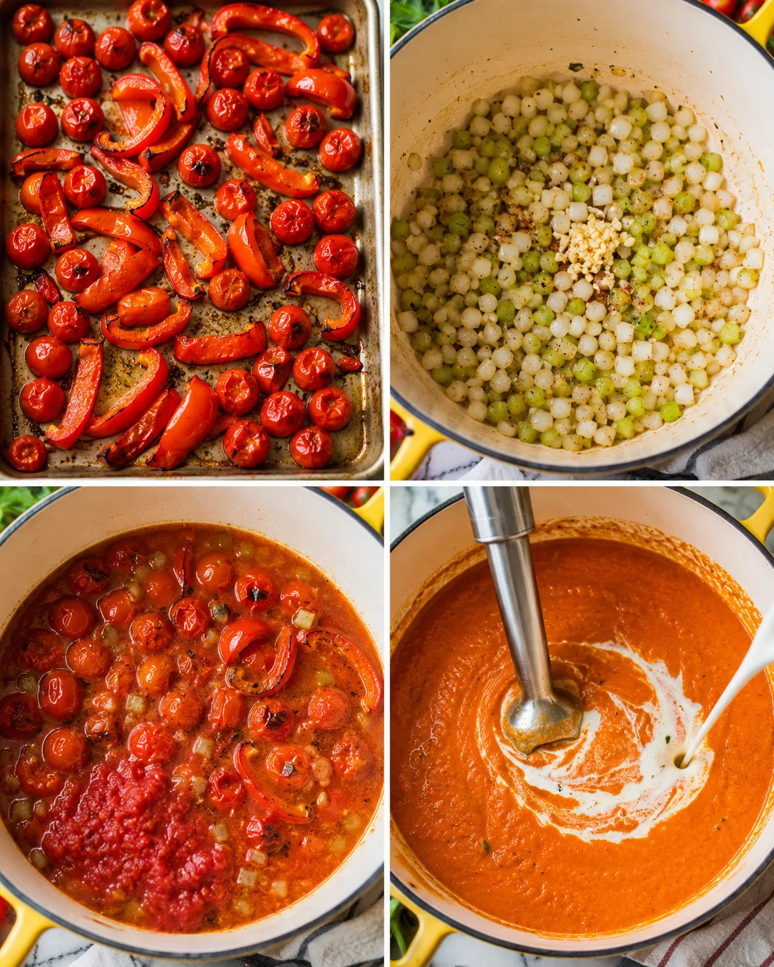 Steps of making creamy roasted tomato and bell pepper bisque from scratch