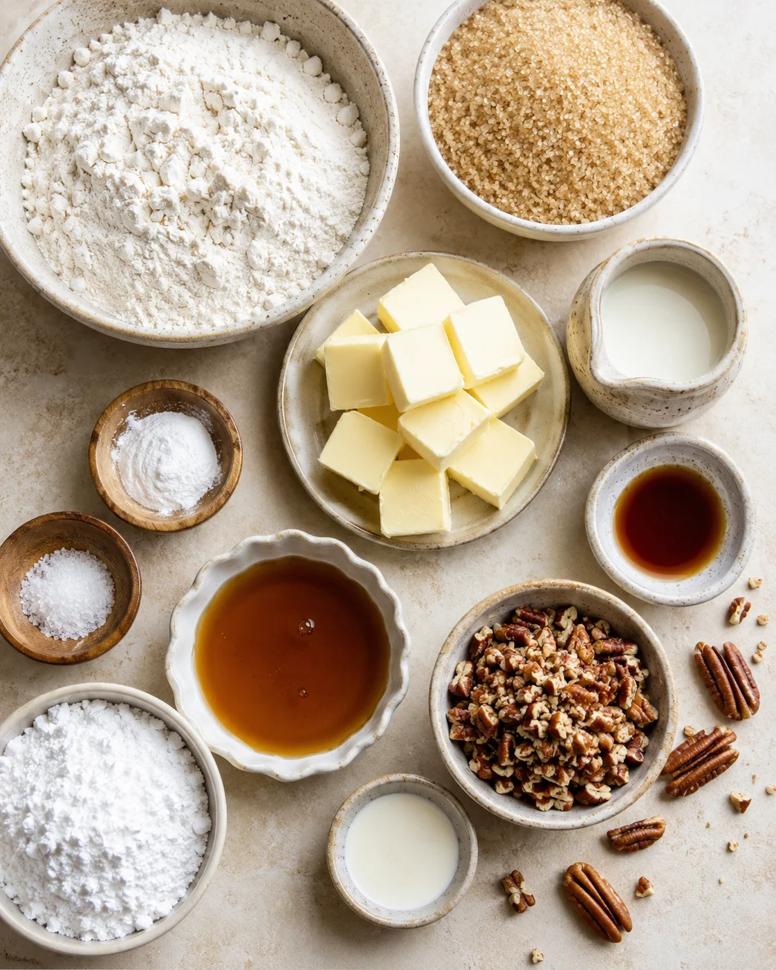 Preparation of ingredients for pecan maple cookies with glaze, including flour, butter, and sugar