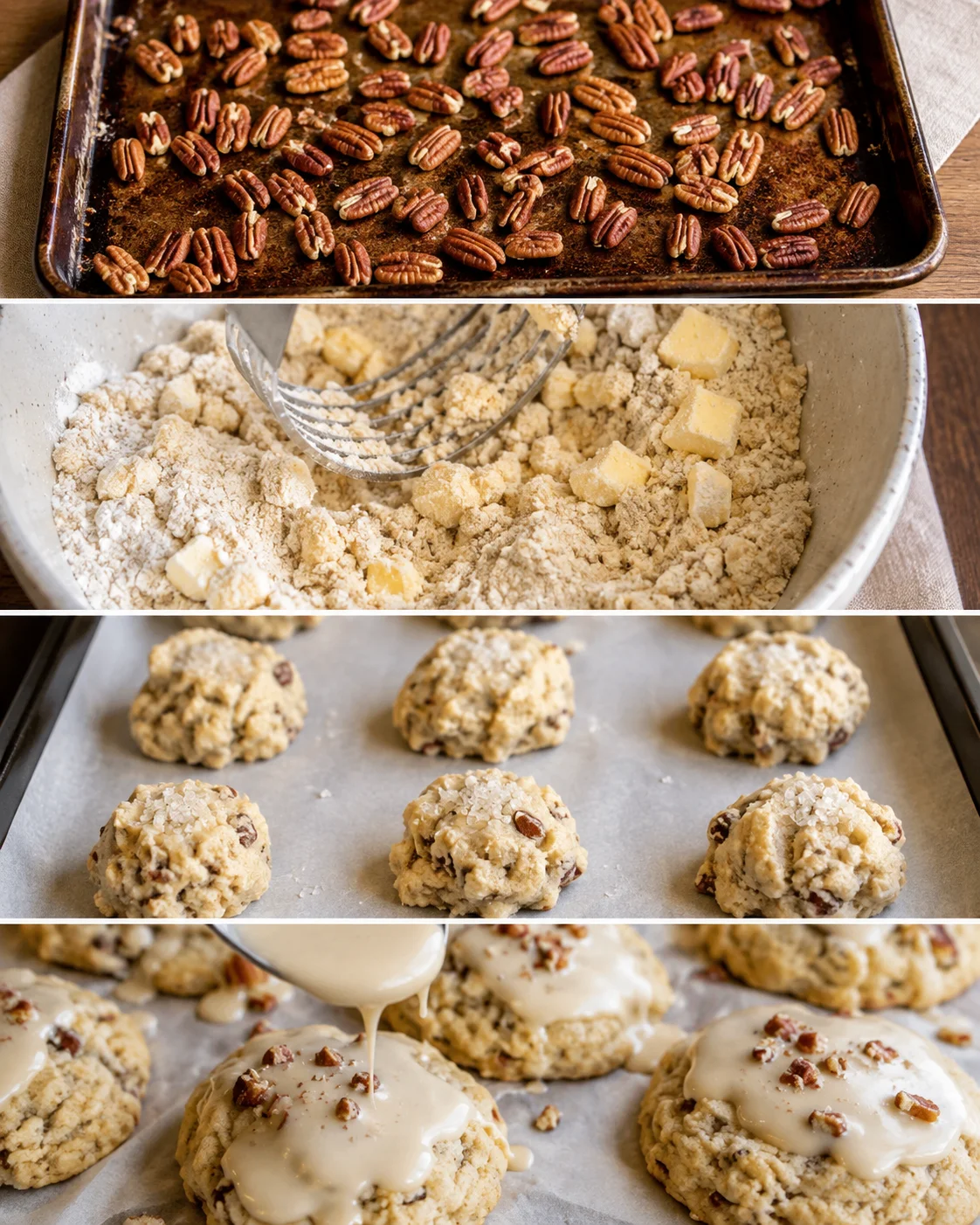 Sweet pecan cookies topped with glossy maple glaze and sprinkled with sugar.