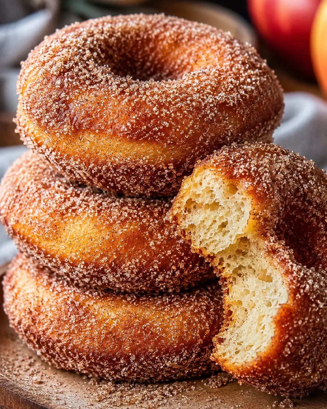 Stack of freshly baked apple cider donuts with cinnamon sugar coating.