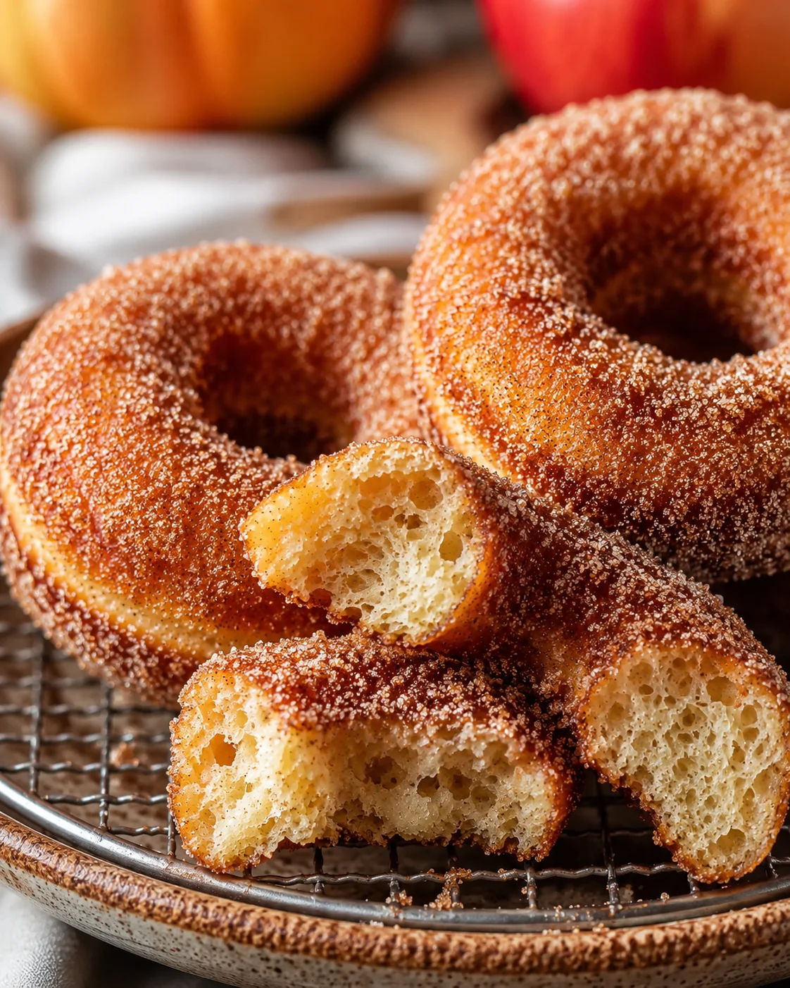 Fresh baked apple cider donuts with cinnamon sugar coating on a wire rack.