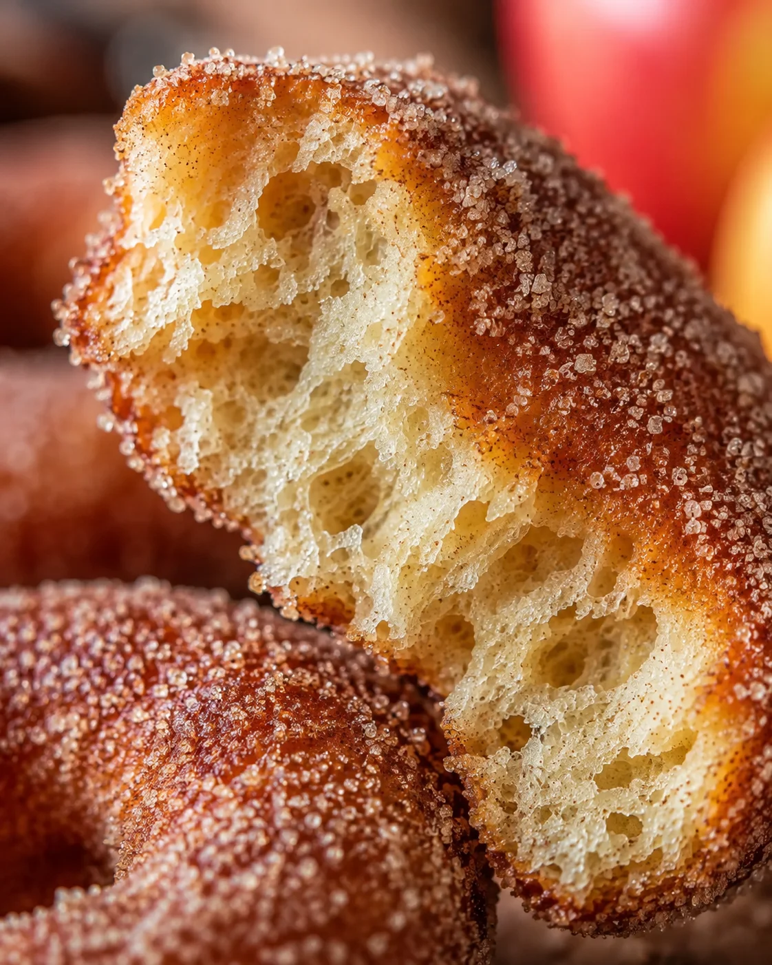 Close-up of moist, cinnamon-coated baked apple cider donut with sugar crystals.